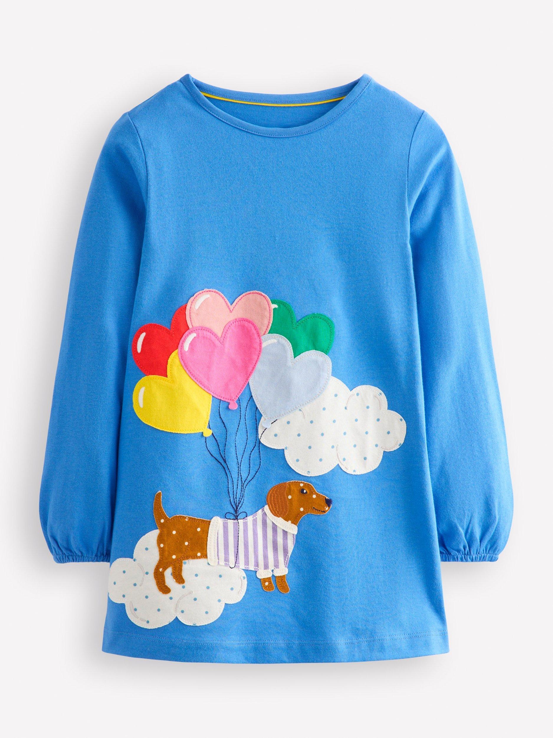 Mini Boden Kids' Applique Jersey Tunic Top, Plume Blue Dog