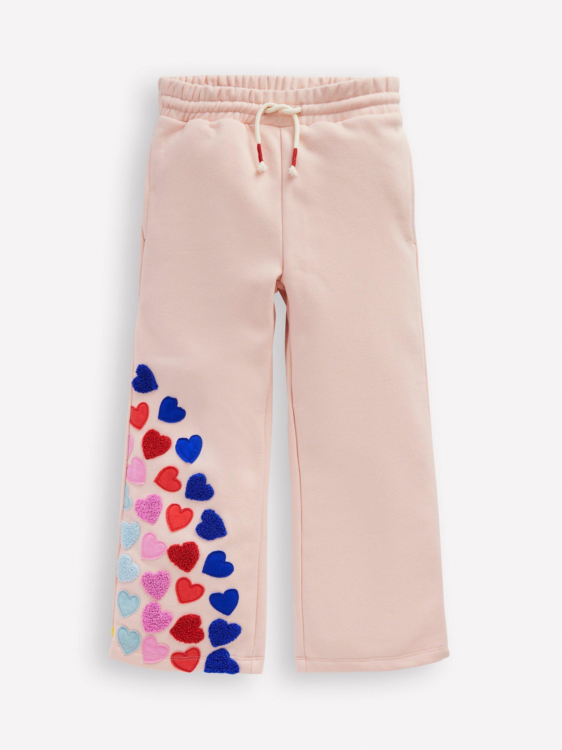 Mini Boden Kids' Wide Leg Applique Trousers, Chalk Pink Hearts