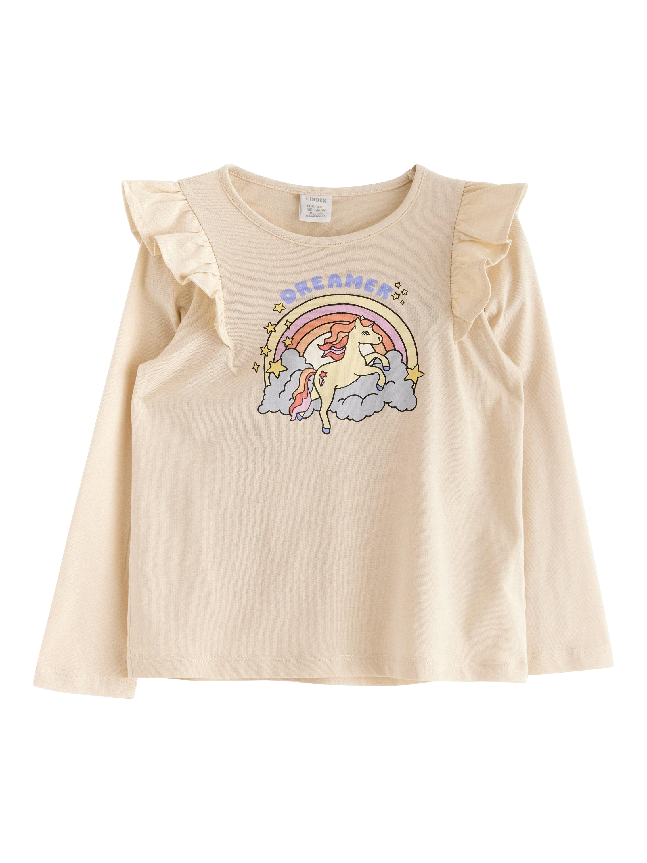 Product image 1 of 3, which shows Lindex Kids' Dreamer Frill Sleeve T-Shirt, Light Beige, 18-24 months