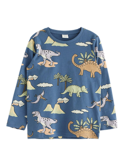 Lindex Kids' Dinosaur Print Long Sleeve T-Shirt, Dusty Blue/Multi, Dusty Blue/Multi