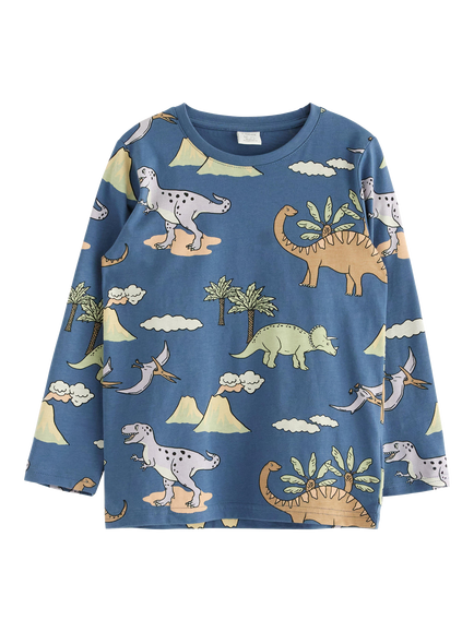 Lindex Kids' Dinosaur Print Long Sleeve T-Shirt, Dusty Blue/Multi, Dusty Blue/Multi