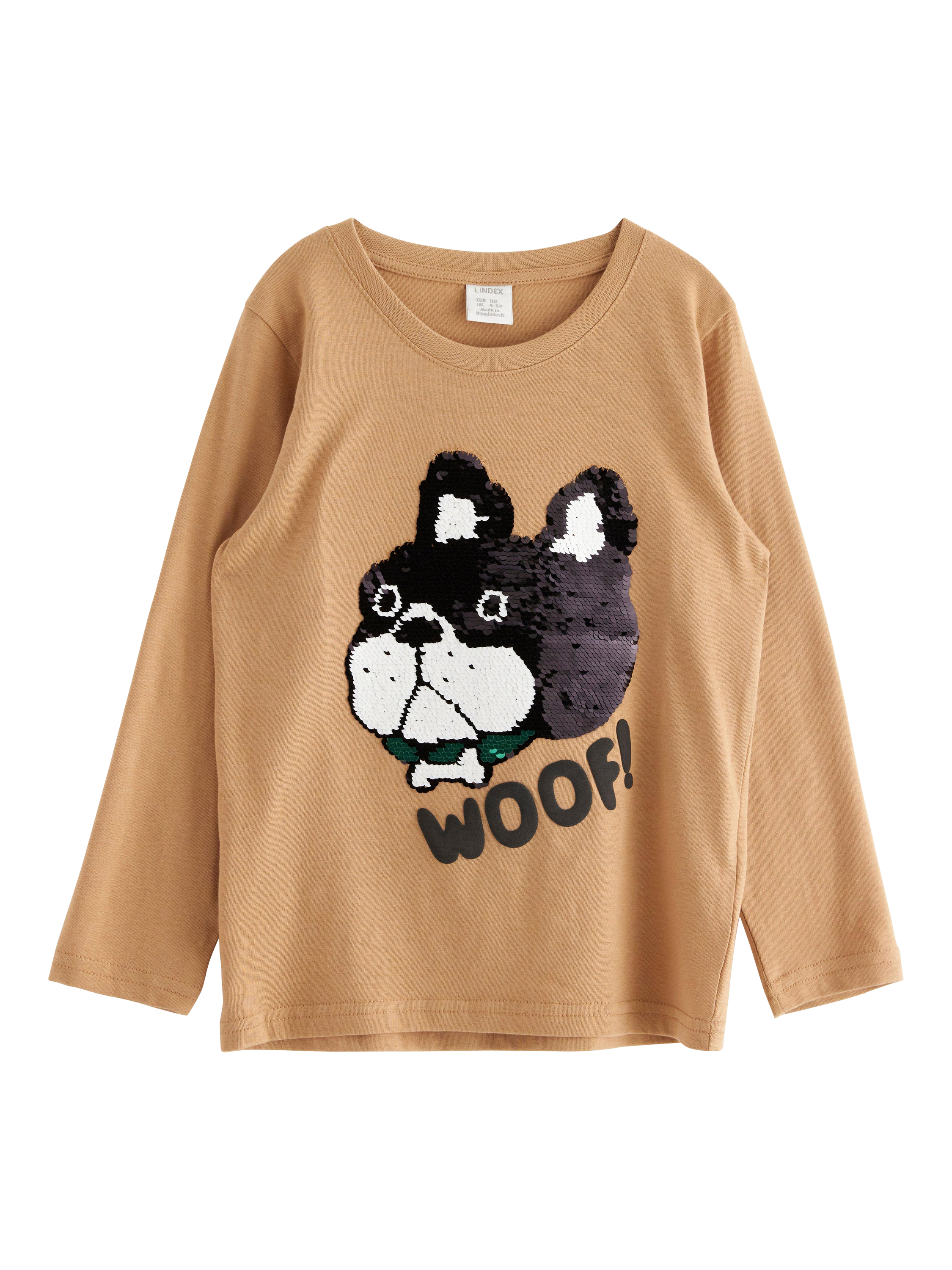 Product image 1 of 3, which shows Lindex Kids' Sequin Bulldog Long Sleeve T-Shirt, Light Dusty Beige, 4-5 years
