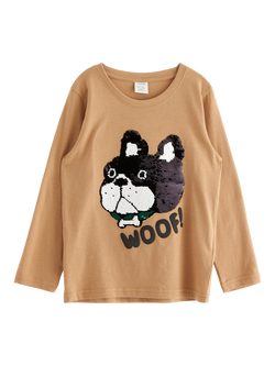 Lindex Kids' Sequin Bulldog Long Sleeve T-Shirt, Light Dusty Beige, Light Dusty Beige