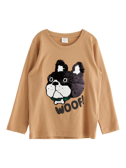 Lindex Kids' Sequin Bulldog Long Sleeve T-Shirt, Light Dusty Beige, Light Dusty Beige