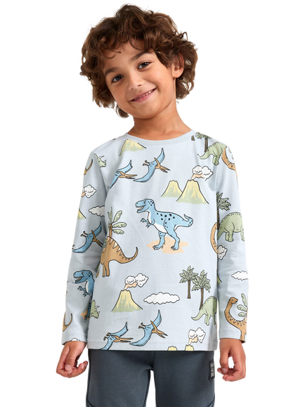 Lindex Kids' Dinosaur Print Top, Light Dusty Blue, Light Dusty Blue