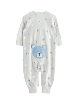 Lindex Baby Organic Cotton Bear Print Sleepsuit, Dusty Blue, Dusty Blue