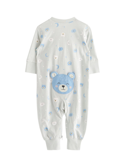 Lindex Baby Organic Cotton Bear Print Sleepsuit, Dusty Blue, Dusty Blue