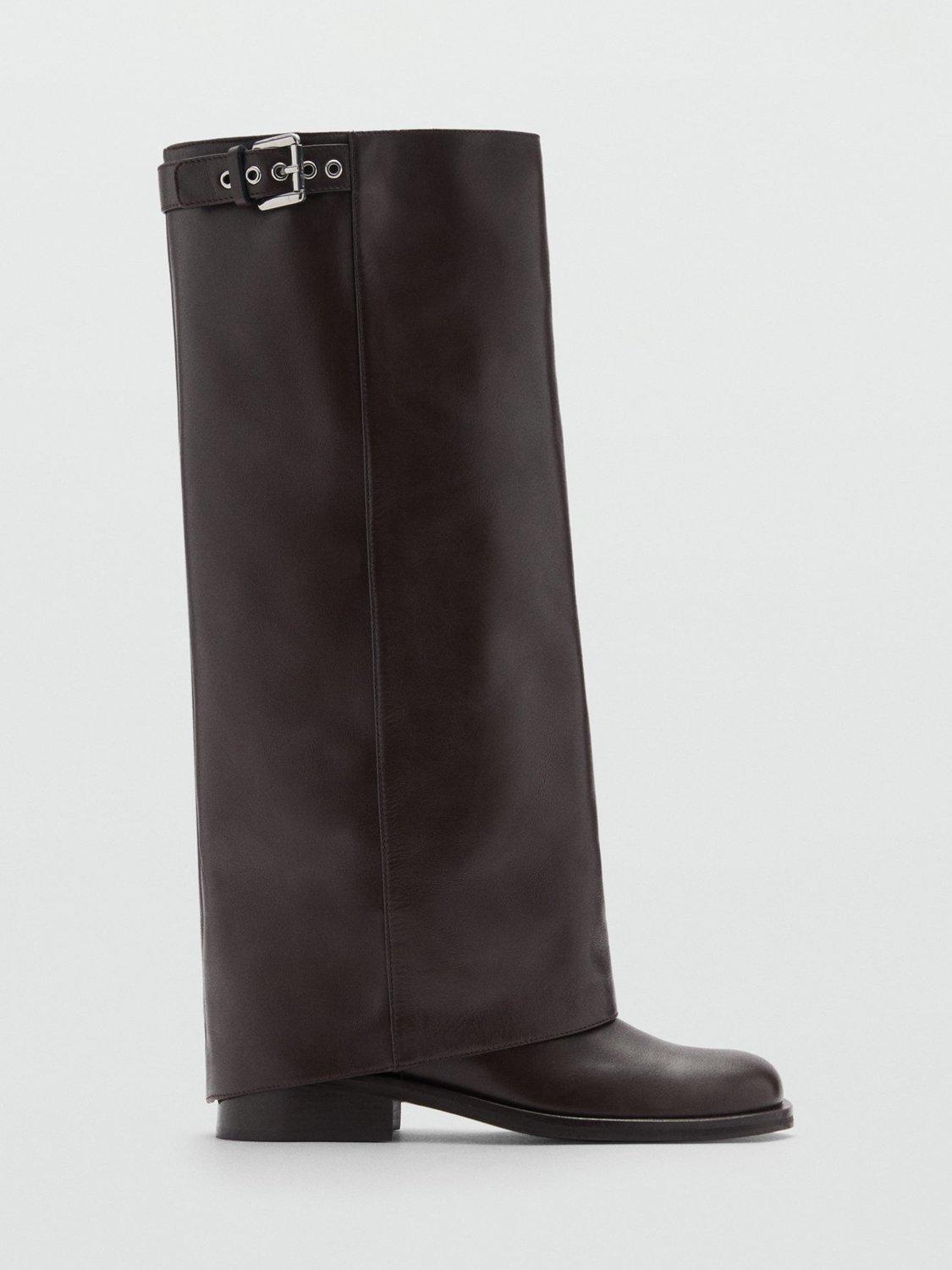 Mango Pola Leather Knee High Boots, Dark Brown