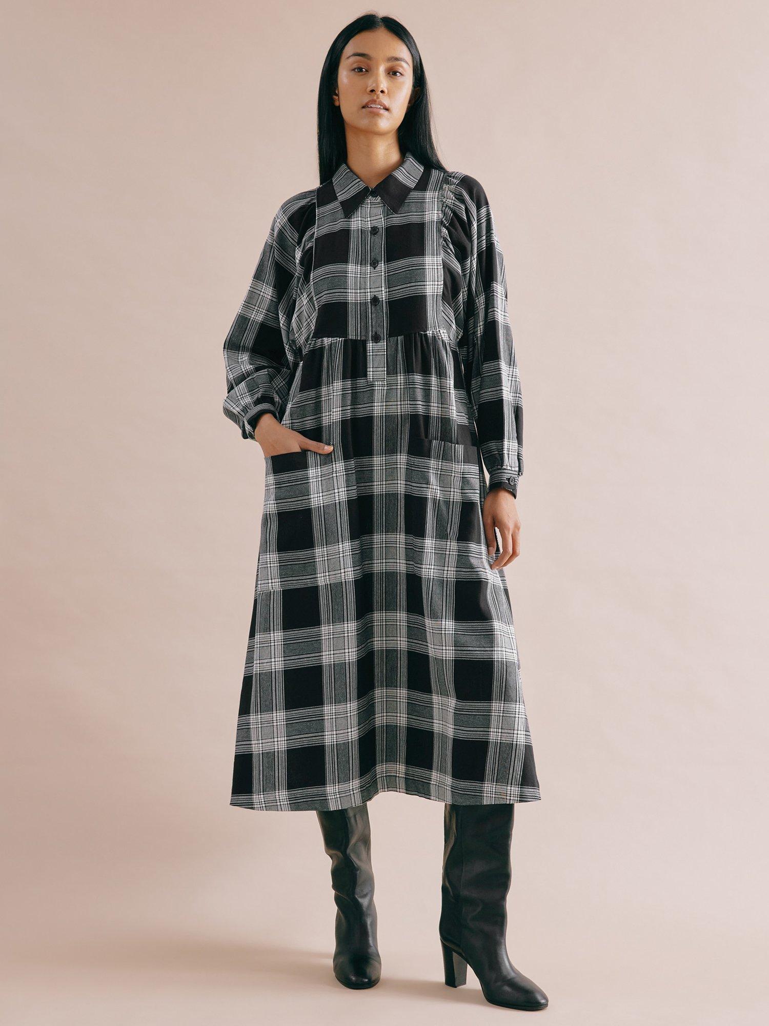 Product image 1 of 5, which shows Albaray Check Pure Organic Cotton Shirt Dress, Black, 8