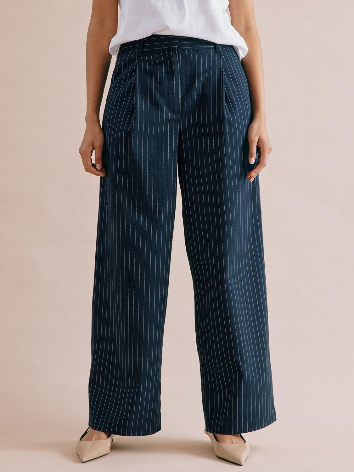 Product image 1 of 6, which shows Albaray Pinstripe Wide Leg Trousers, Navy, 8