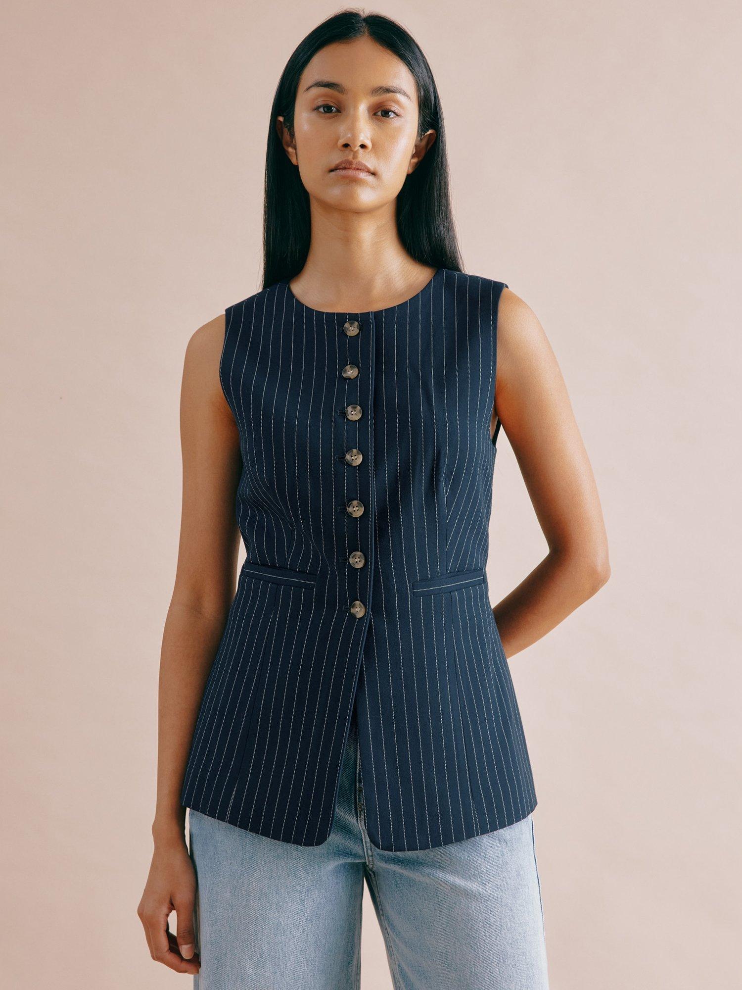 Albaray Pinstripe Round Neck Waistcoat, Navy