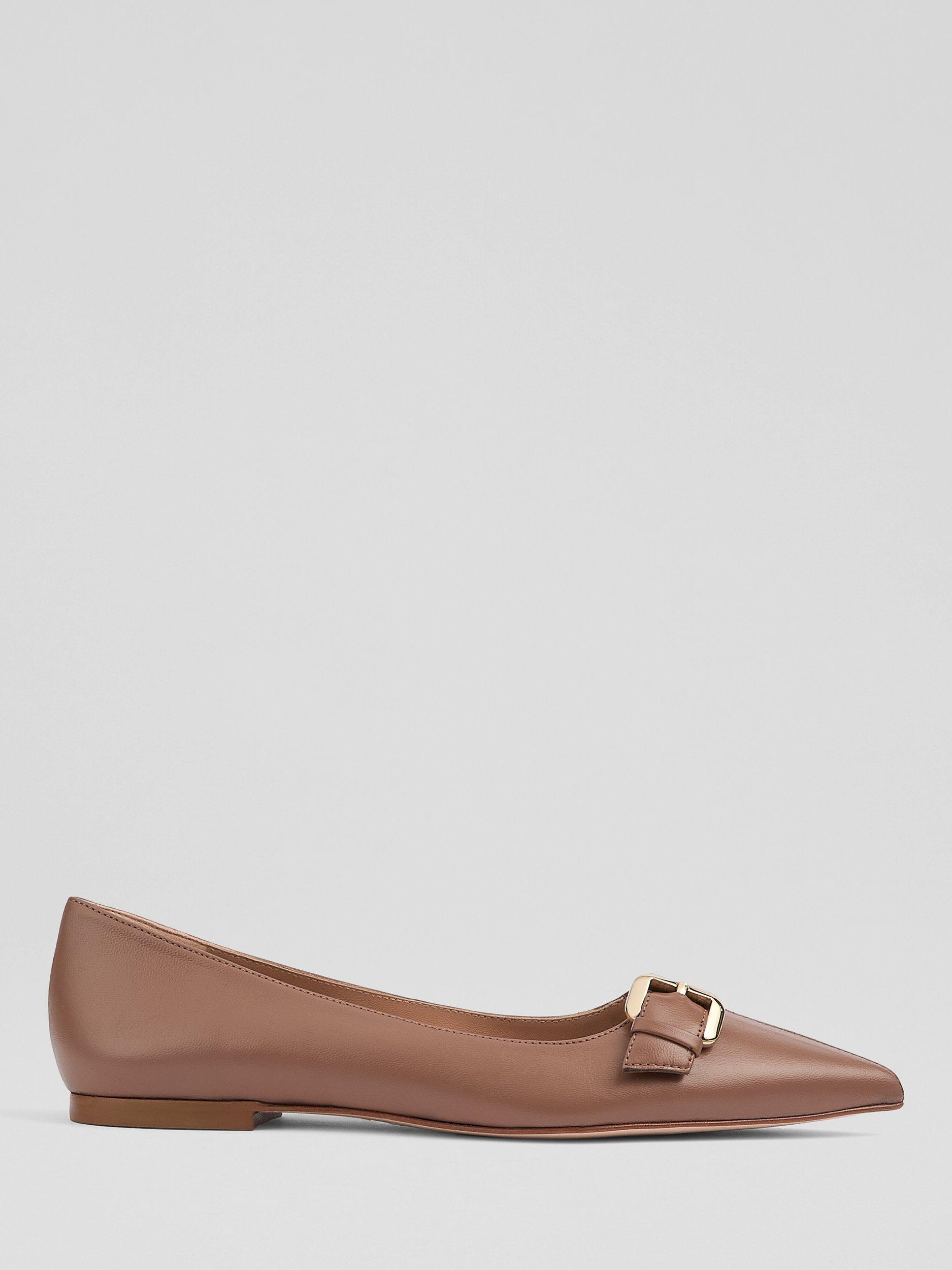 Product image 1 of 4, which shows L.K.Bennett Tory Leather Buckle Pointed Flat Pumps, Taupe, 2