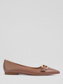 L.K.Bennett Tory Leather Buckle Pointed Flat Pumps, Taupe