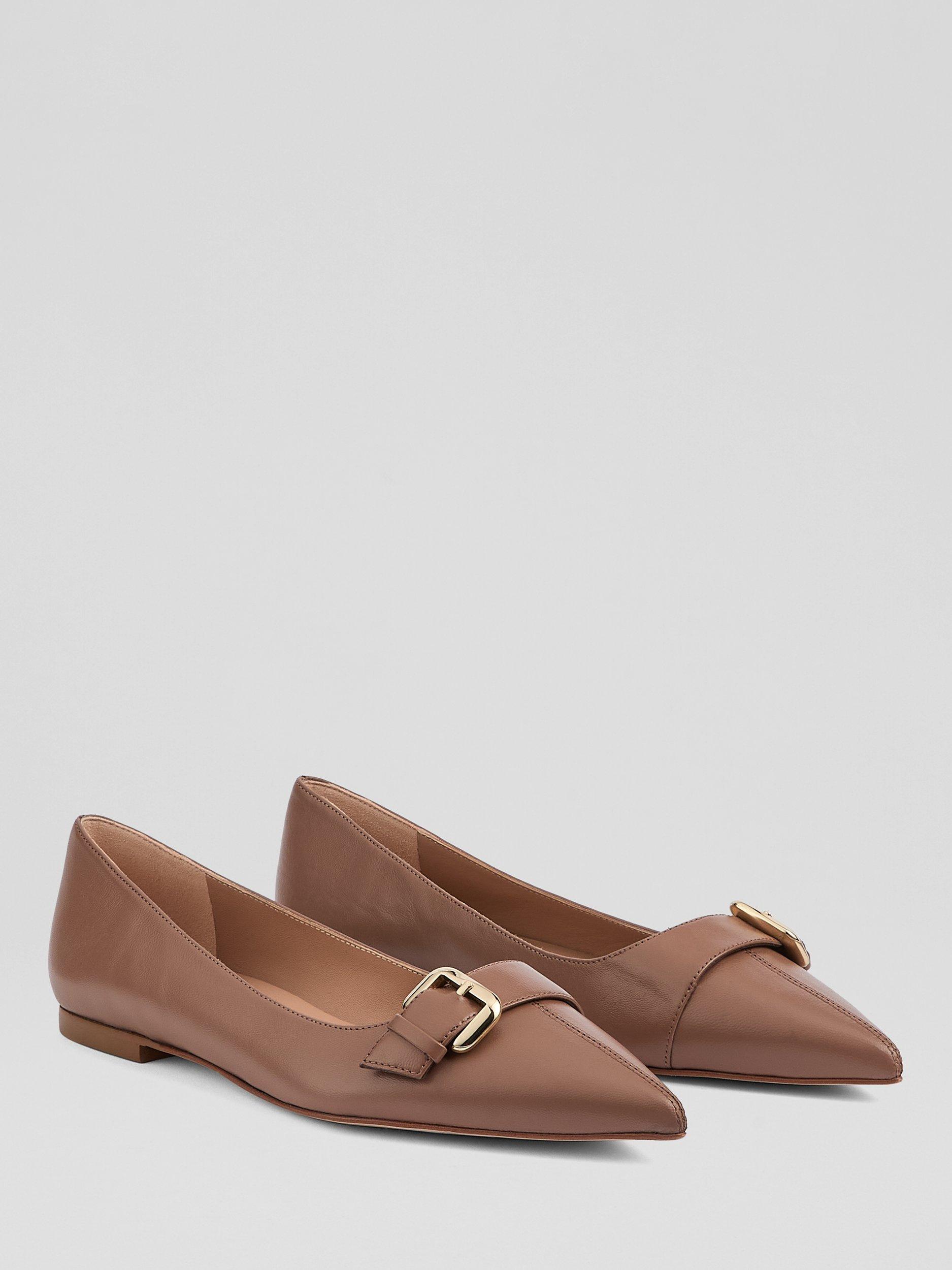 Product image 2 of 4, which shows L.K.Bennett Tory Leather Buckle Pointed Flat Pumps, Taupe, 2