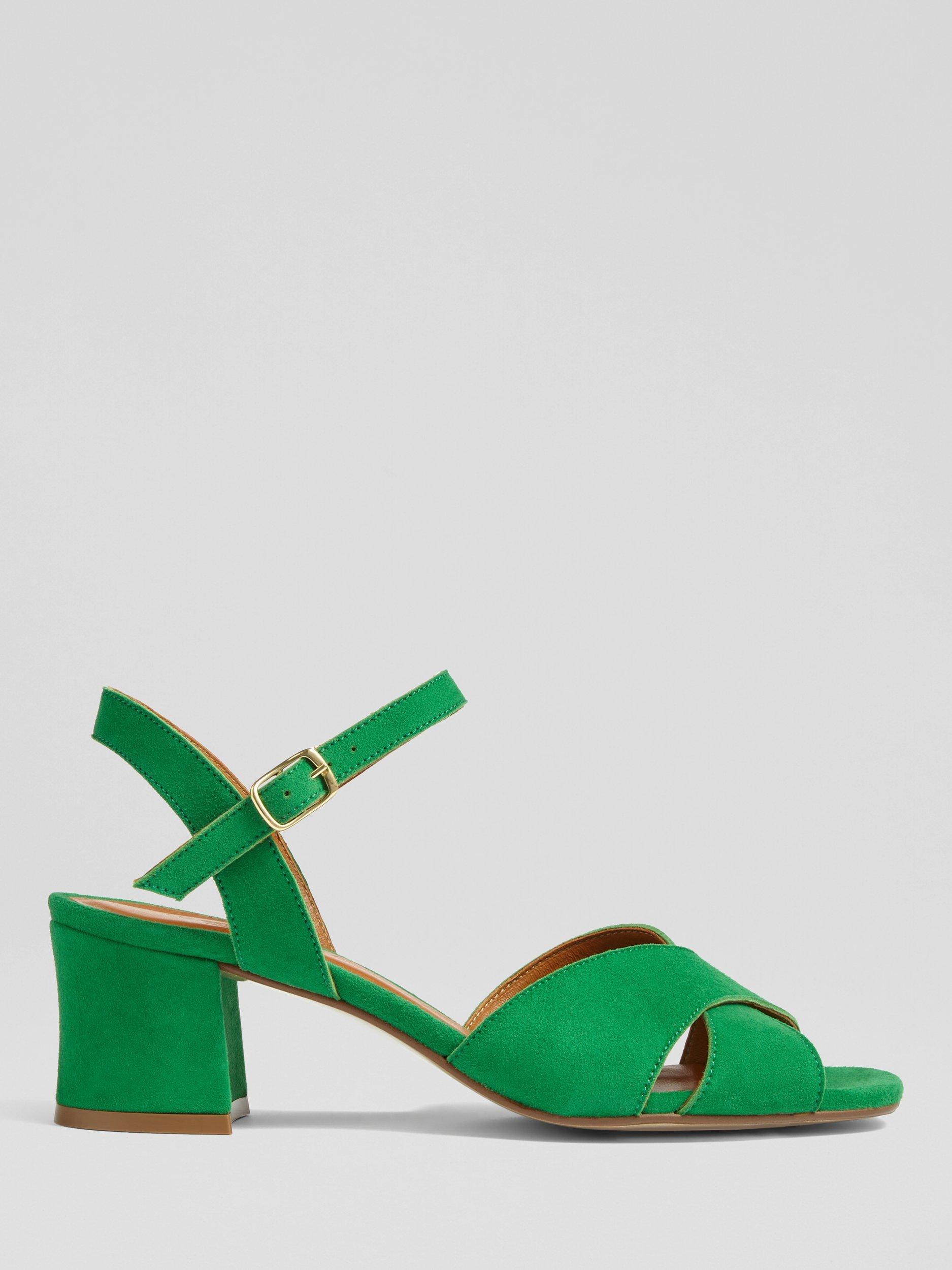 Product image 1 of 4, which shows L.K.Bennett Alba Suede Block Heel Strappy Sandals, Green Mint Leaf, 2