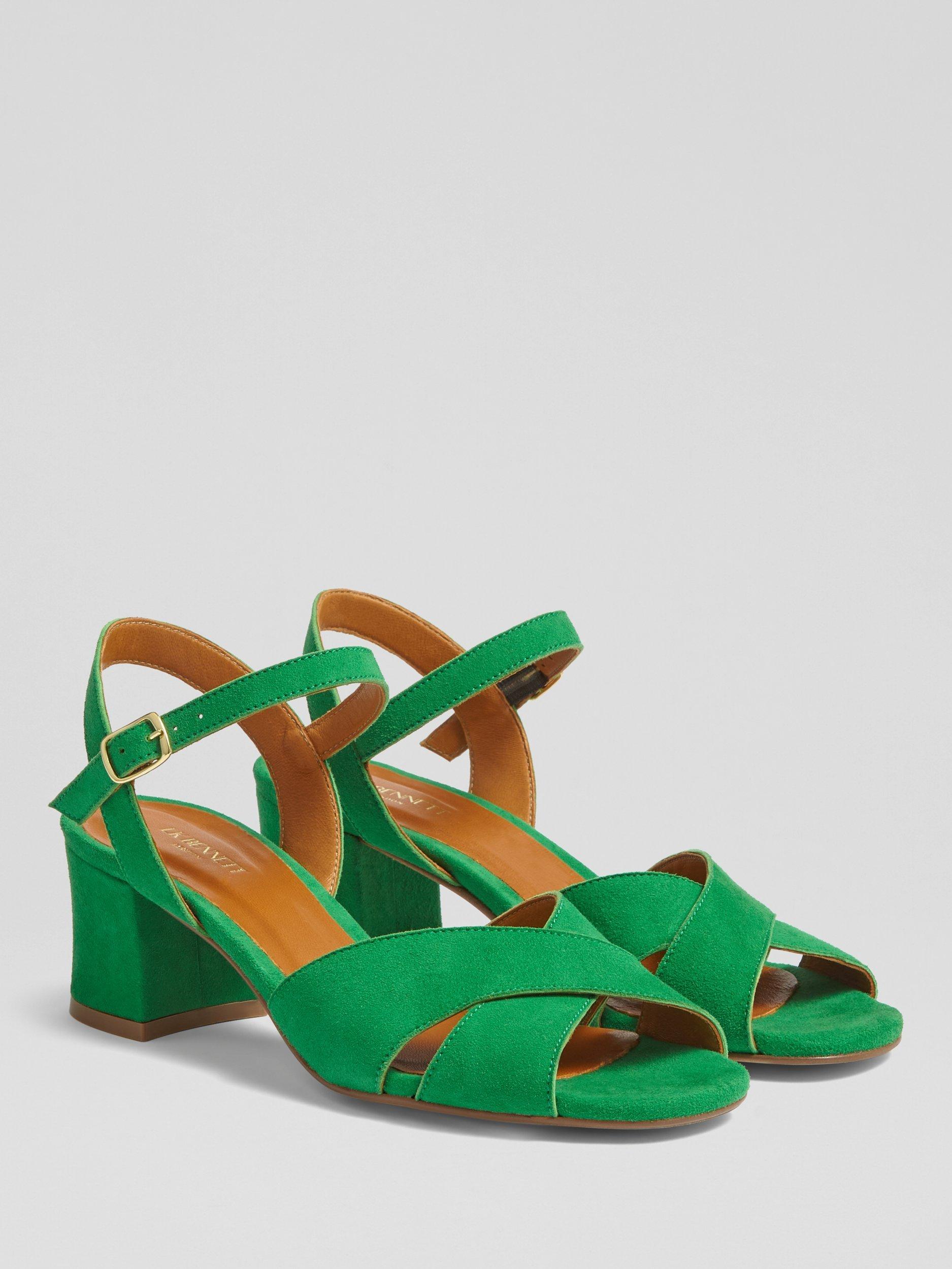 Product image 2 of 4, which shows L.K.Bennett Alba Suede Block Heel Strappy Sandals, Green Mint Leaf, 2