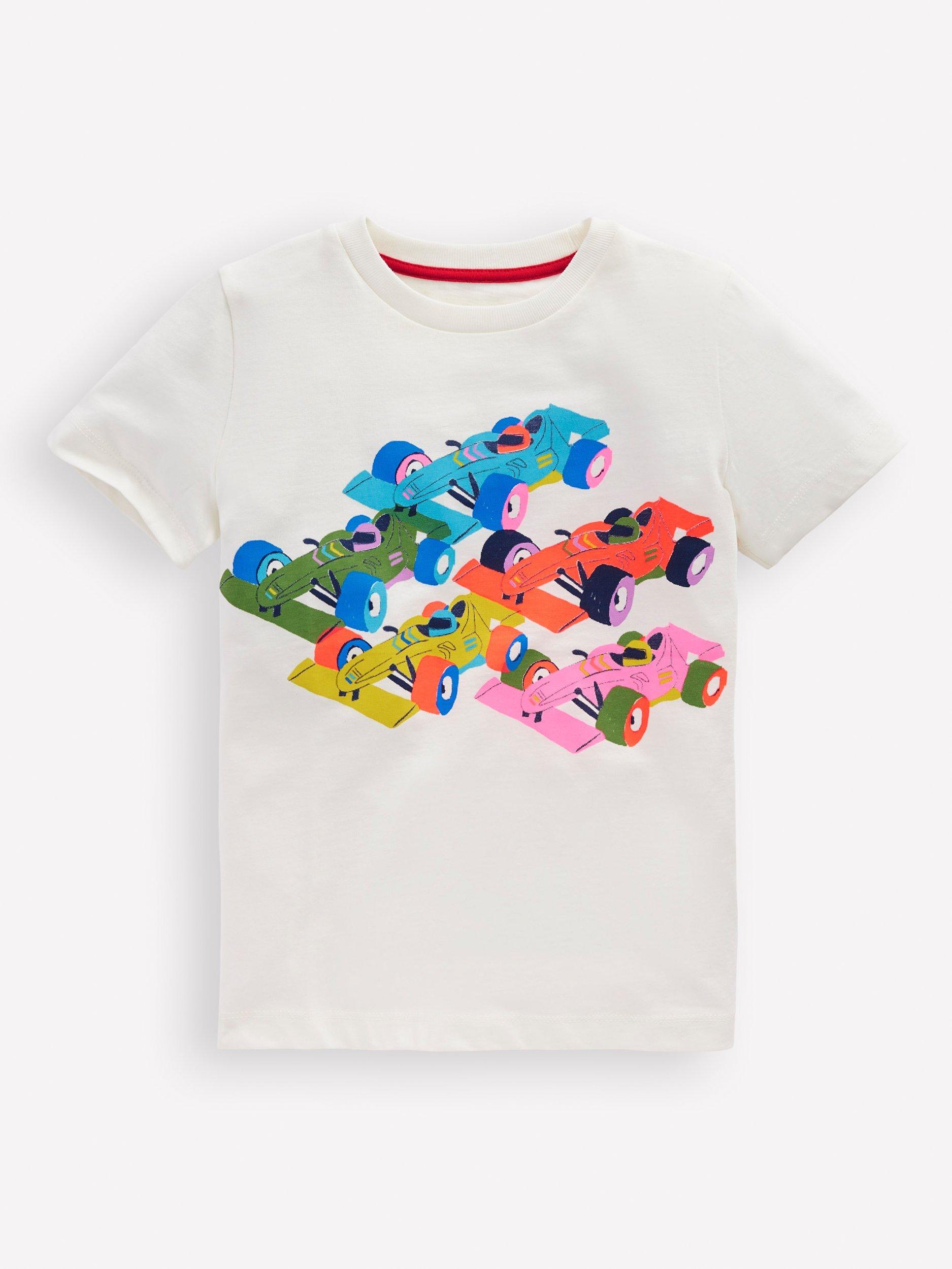 Product image 1 of 3, which shows Mini Boden Riso Cars Graphic T- Shirt, Soft Ivory Race Cars, 2-3 years