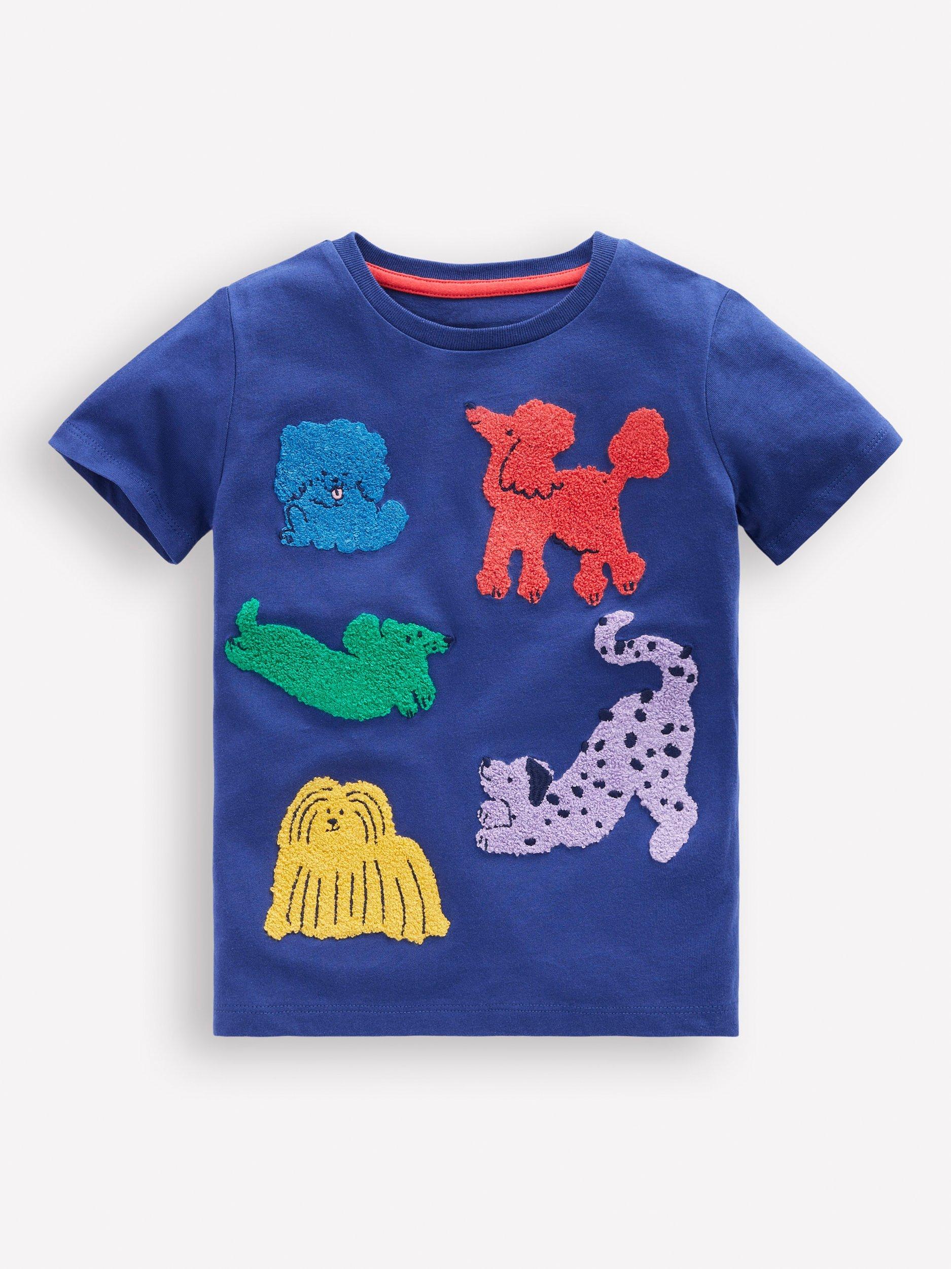 Mini Boden Kids' Boucle T-Shirt, Starboard Blue Dogs