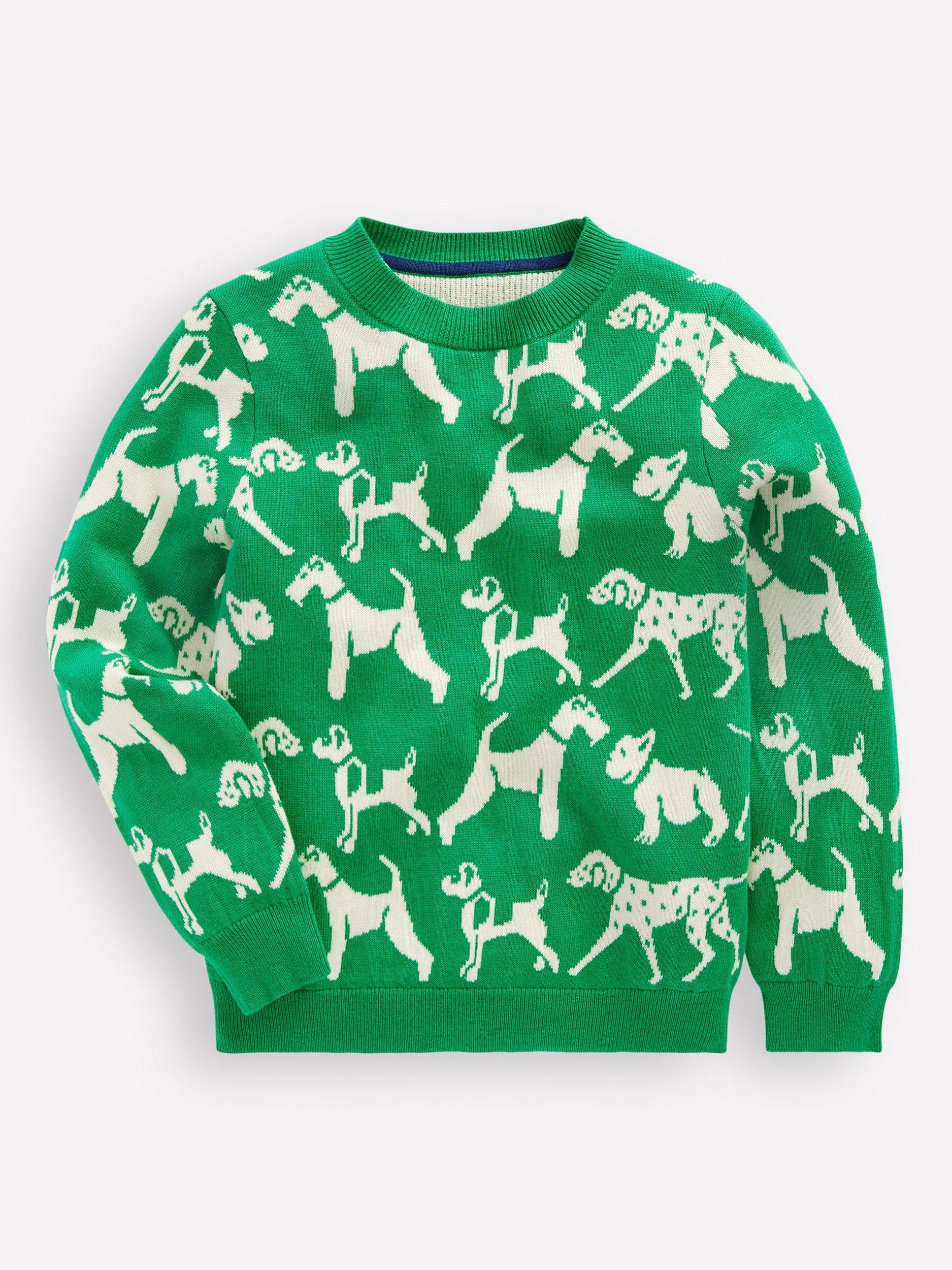 Mini Boden Kids' Round Neck Knit Jumper, Sapling Green Dogs