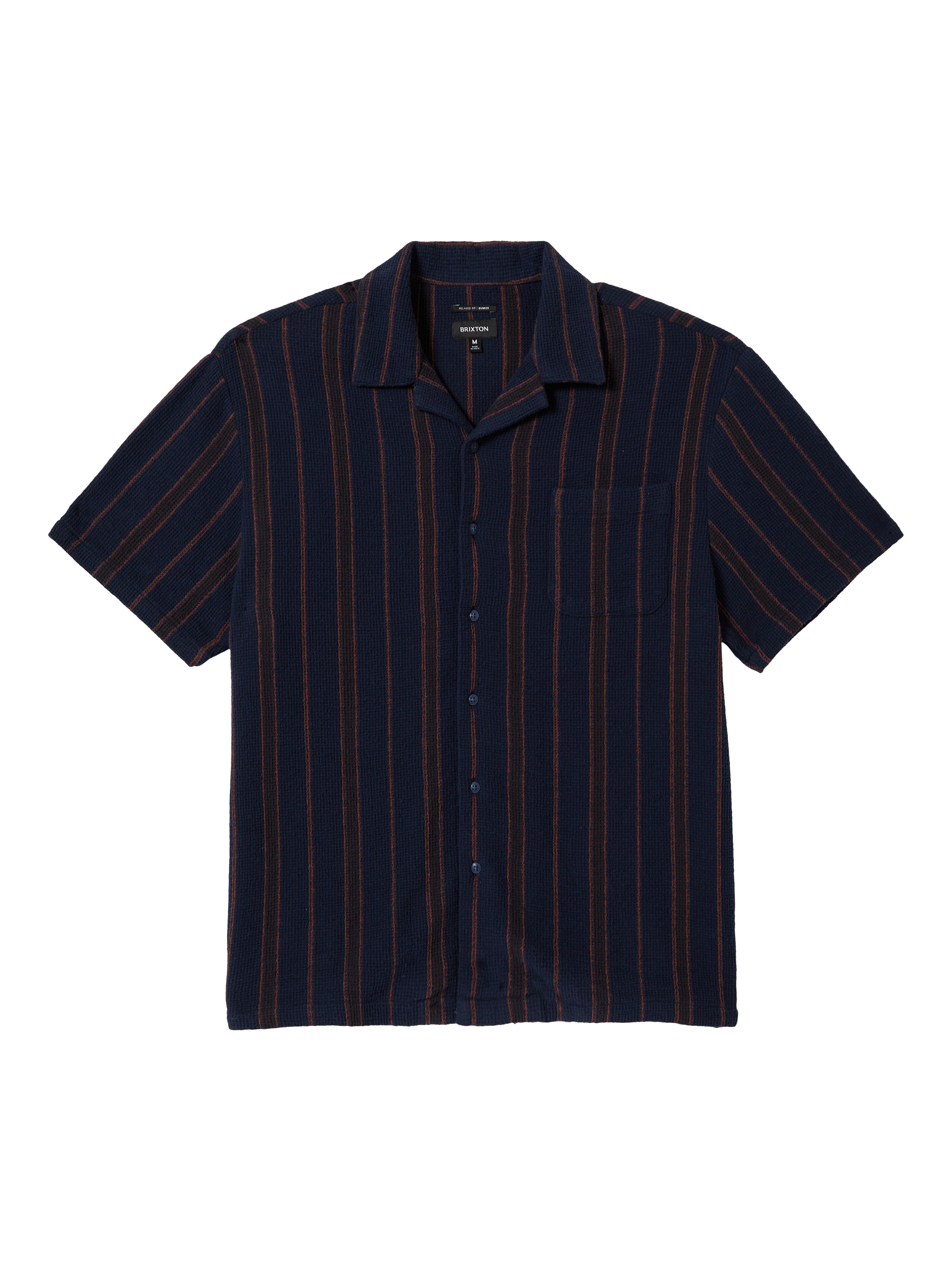 Product image 1 of 5, which shows Brixton Bunker Waffle Stripe Short Sleeve Woven Shirt, Washed Navy Stripe, S