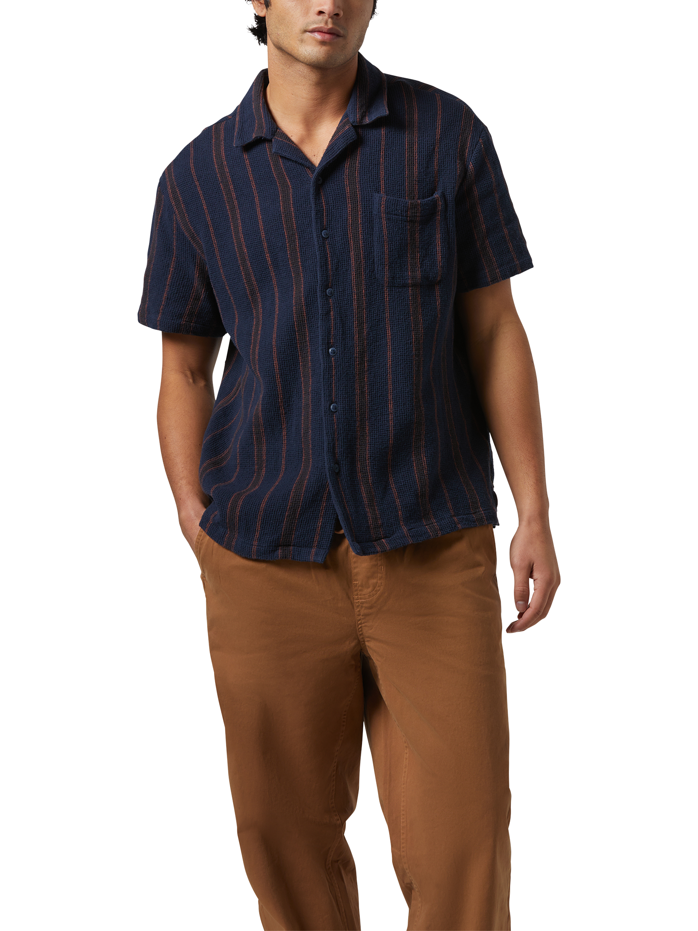 Product image 3 of 5, which shows Brixton Bunker Waffle Stripe Short Sleeve Woven Shirt, Washed Navy Stripe, S