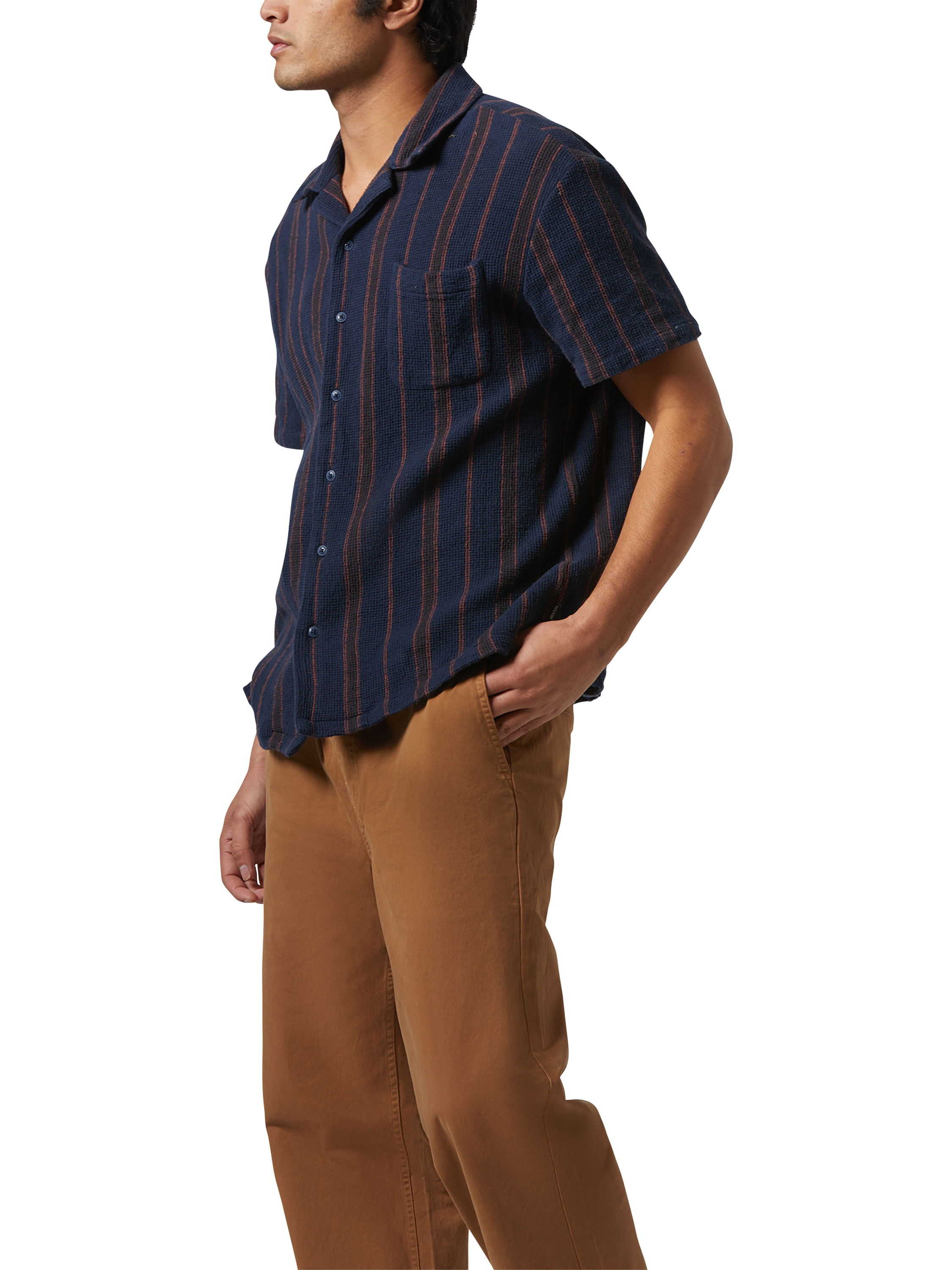 Product image 4 of 5, which shows Brixton Bunker Waffle Stripe Short Sleeve Woven Shirt, Washed Navy Stripe, S