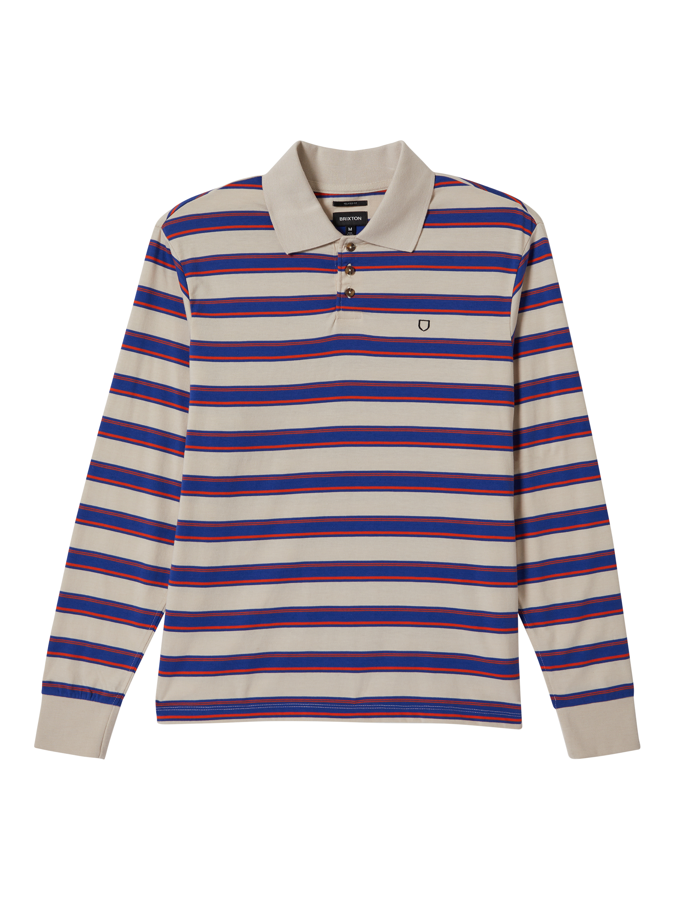 Product image 1 of 7, which shows Brixton Vintage Stripe Long Sleeve Polo Shirt, Electric Blue, S