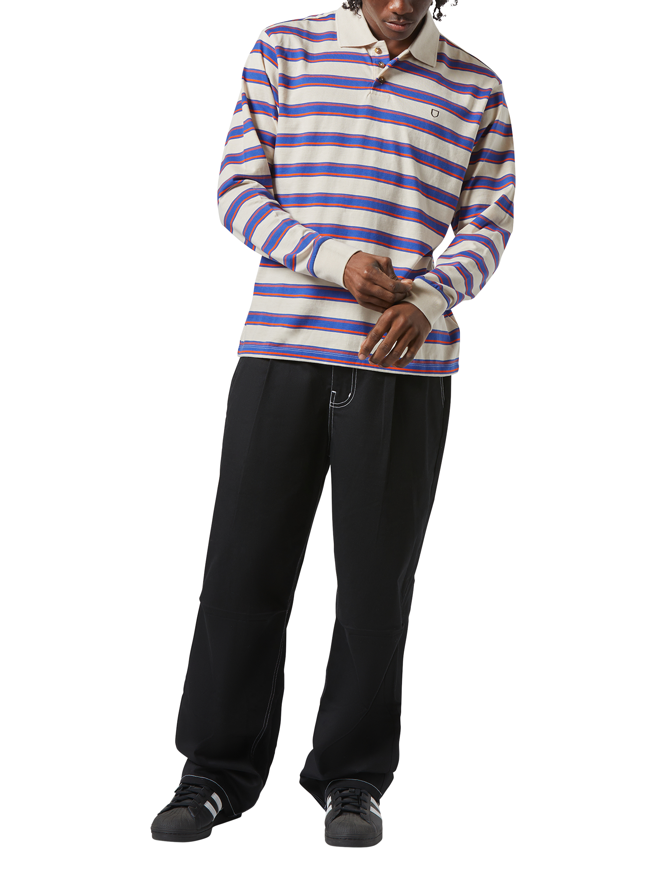 Product image 4 of 7, which shows Brixton Vintage Stripe Long Sleeve Polo Shirt, Electric Blue, S