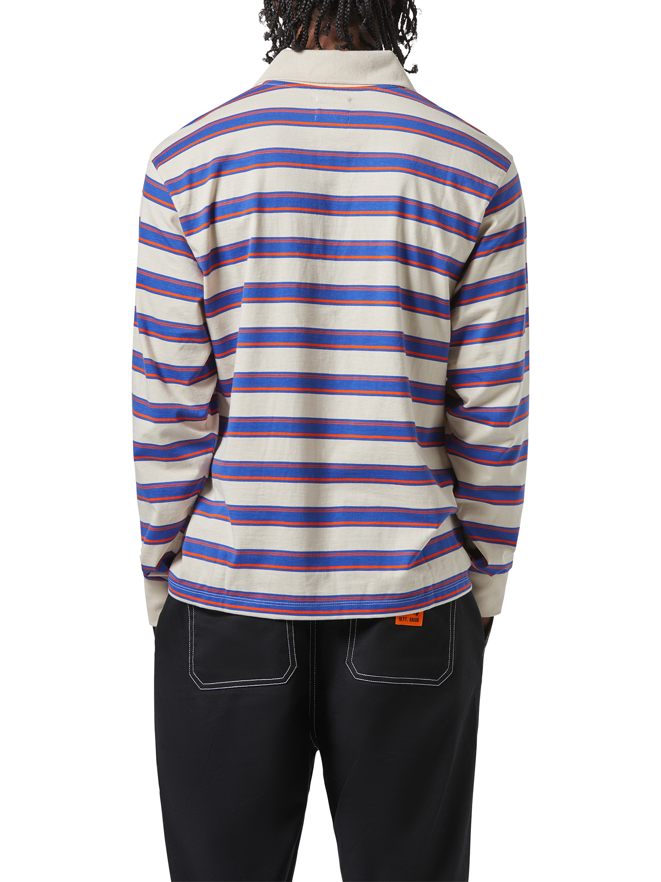 Product image 5 of 7, which shows Brixton Vintage Stripe Long Sleeve Polo Shirt, Electric Blue, S
