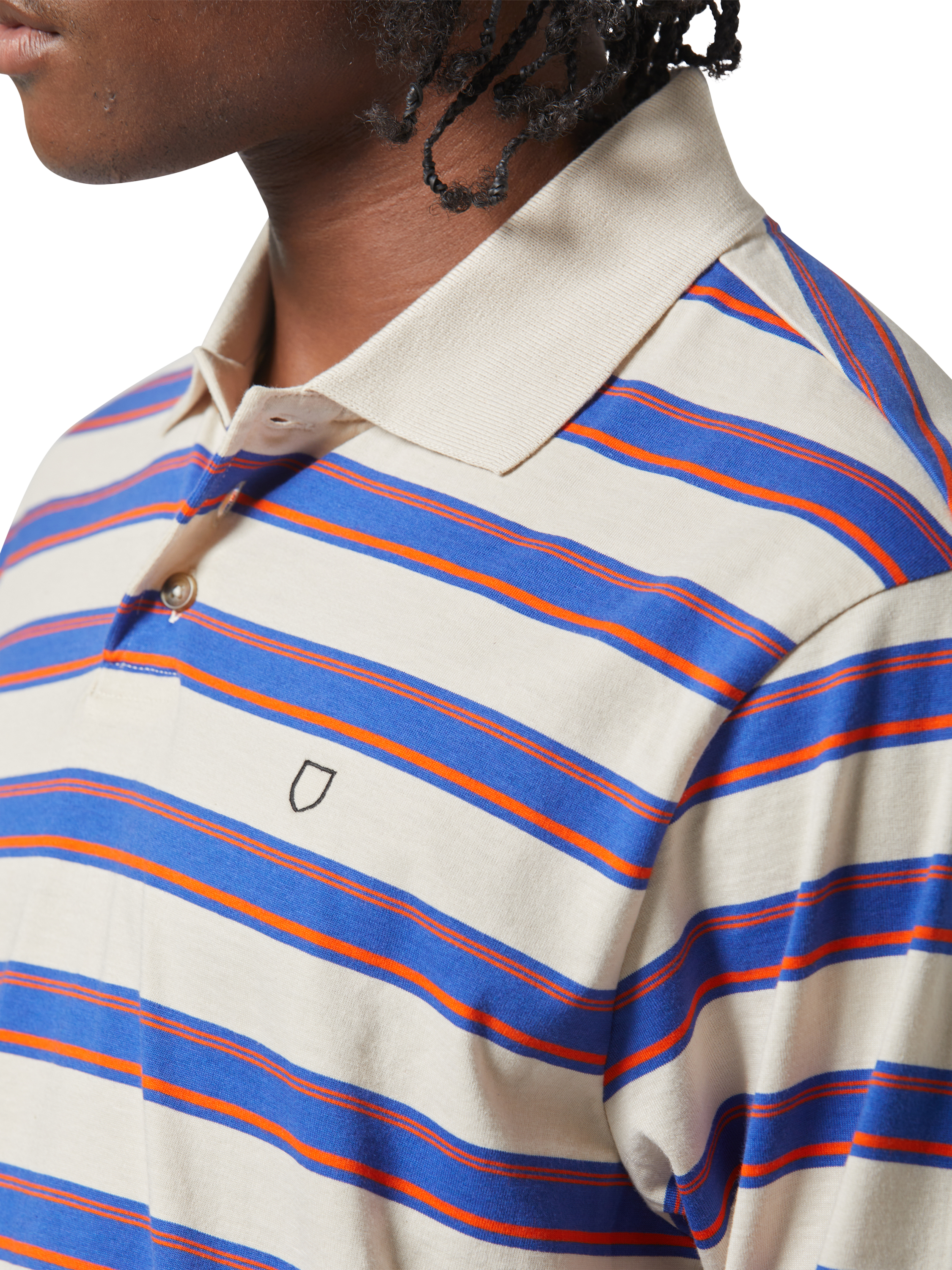 Product image 6 of 7, which shows Brixton Vintage Stripe Long Sleeve Polo Shirt, Electric Blue, S