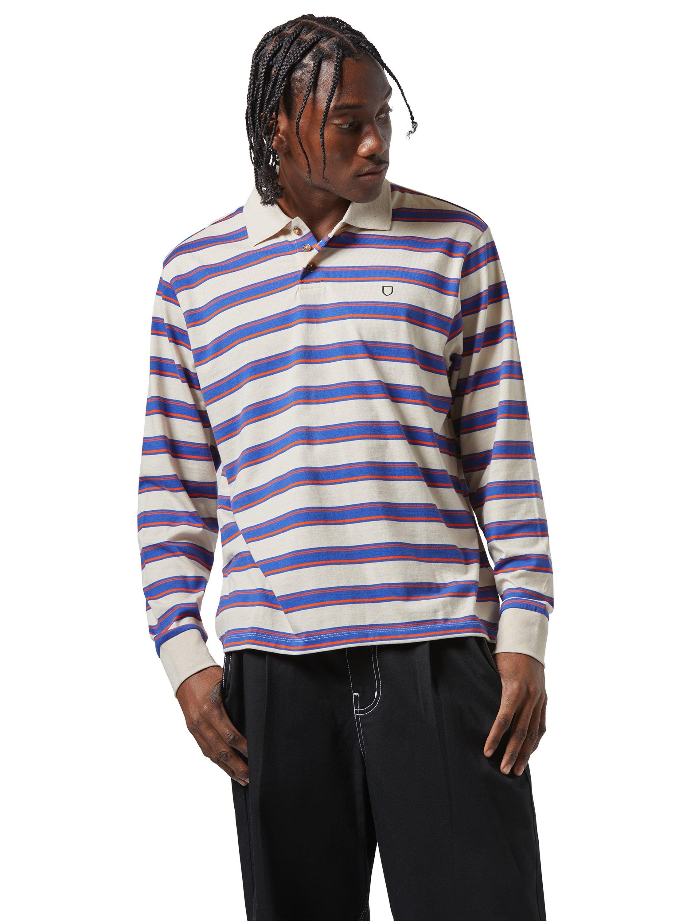 Product image 7 of 7, which shows Brixton Vintage Stripe Long Sleeve Polo Shirt, Electric Blue, S