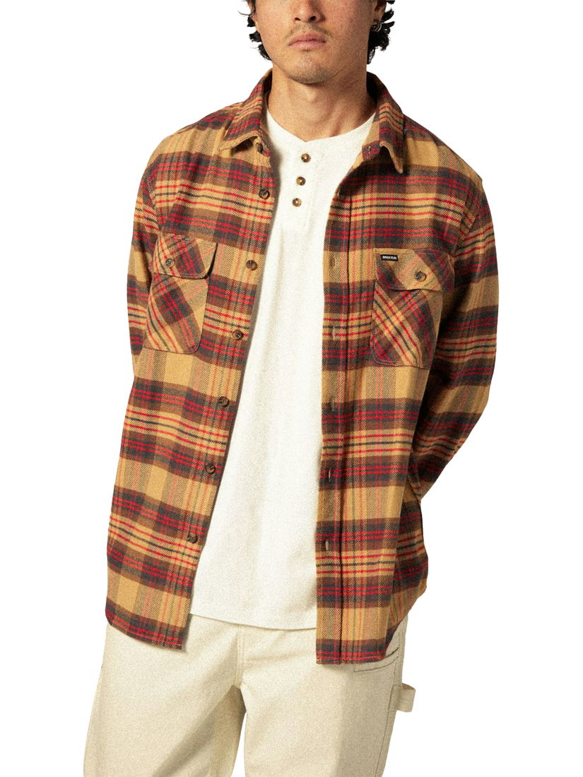 Product image 1 of 3, which shows Brixton Bowery Long Sleeve Flannel Shirt, Curry, S