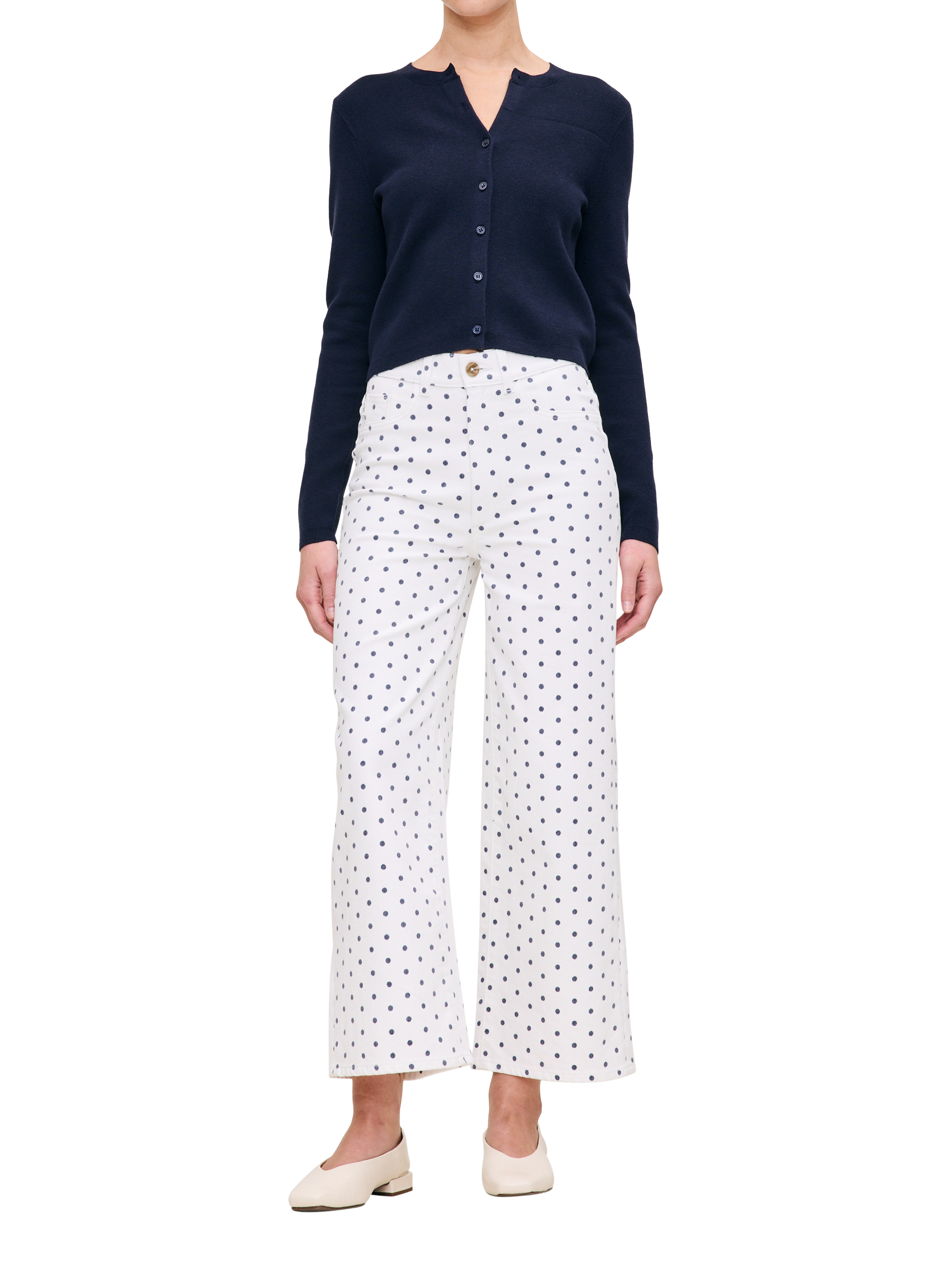 Product image 1 of 2, which shows DL1961 Hepburn High Rise Wide Leg Polka Dot Cropped Jeans, White/Black, 27