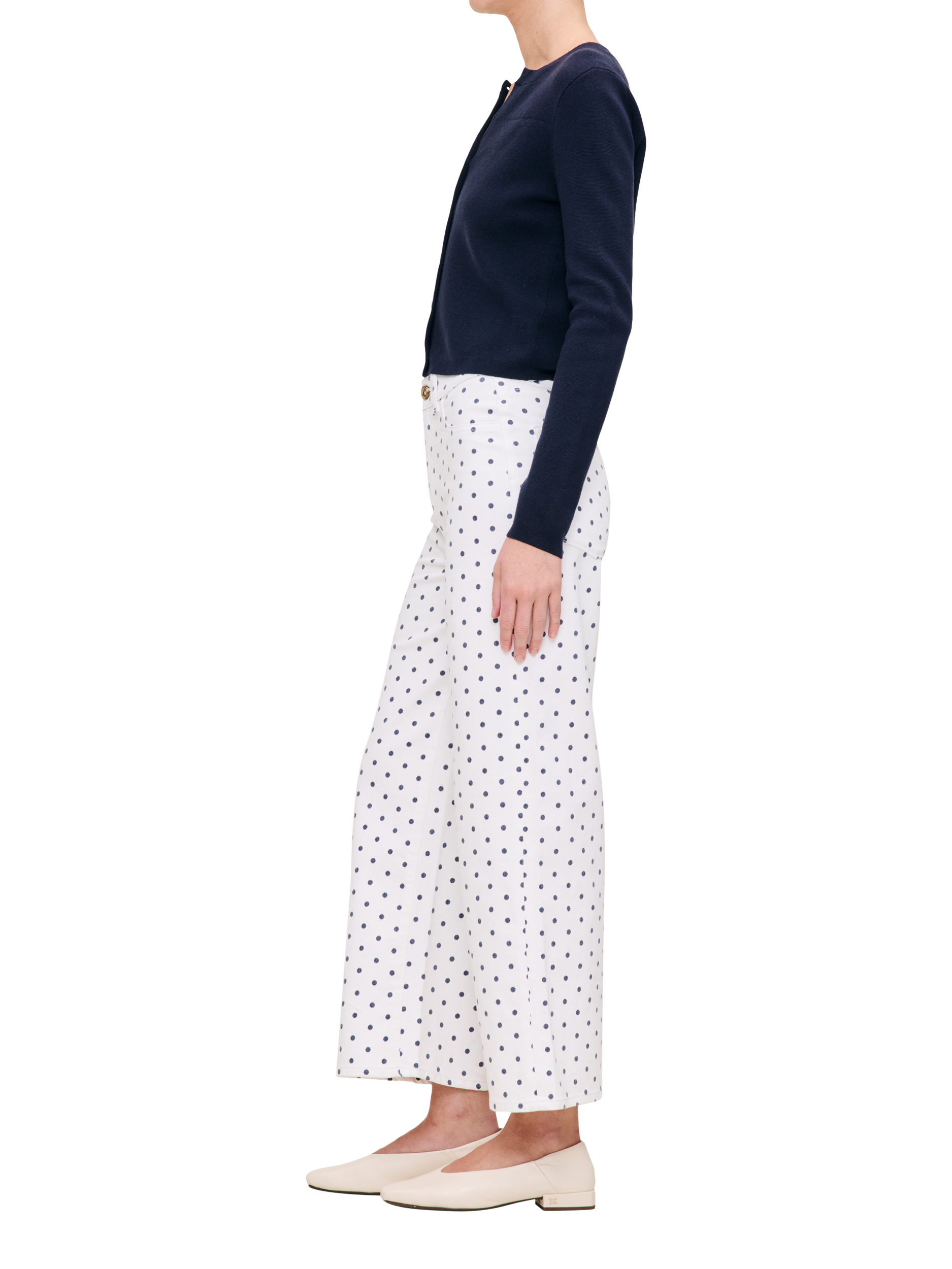 Product image 2 of 2, which shows DL1961 Hepburn High Rise Wide Leg Polka Dot Cropped Jeans, White/Black, 27