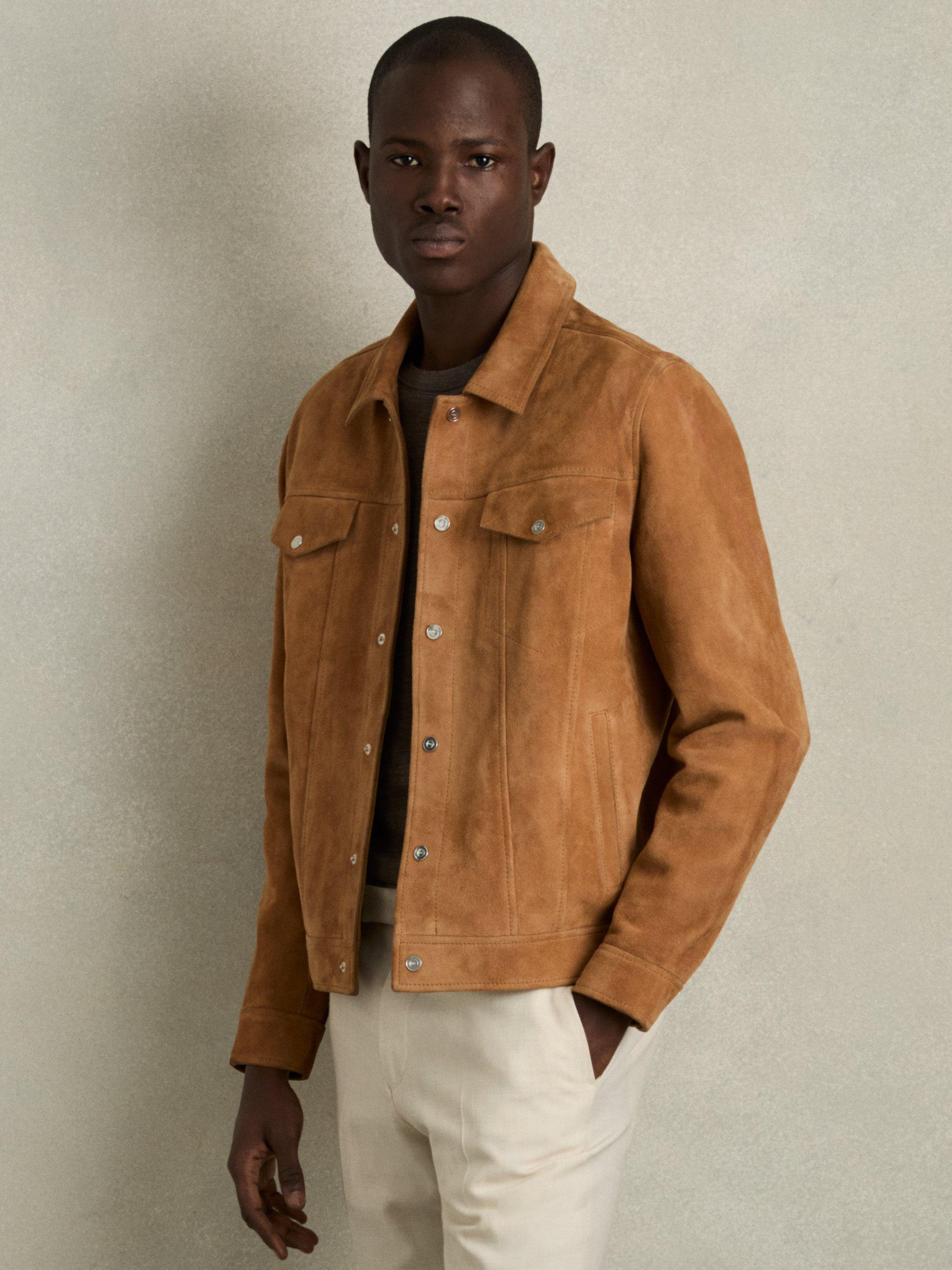 Product image 1 of 5, which shows Reiss Eden Suede Press-Stud Jacket, Tobacco Brown, XL