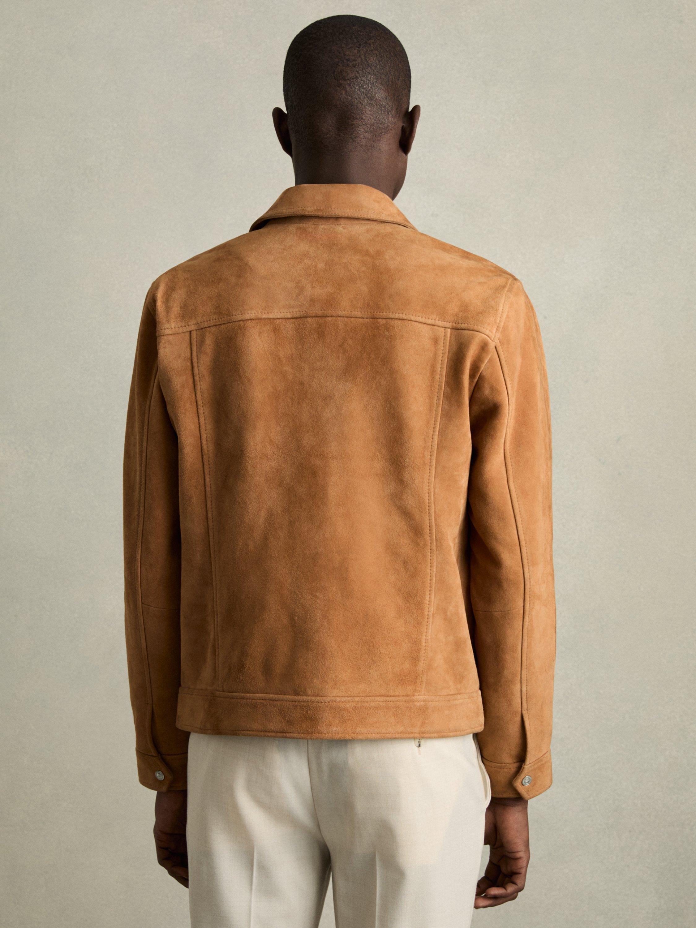Product image 2 of 5, which shows Reiss Eden Suede Press-Stud Jacket, Tobacco Brown, XL