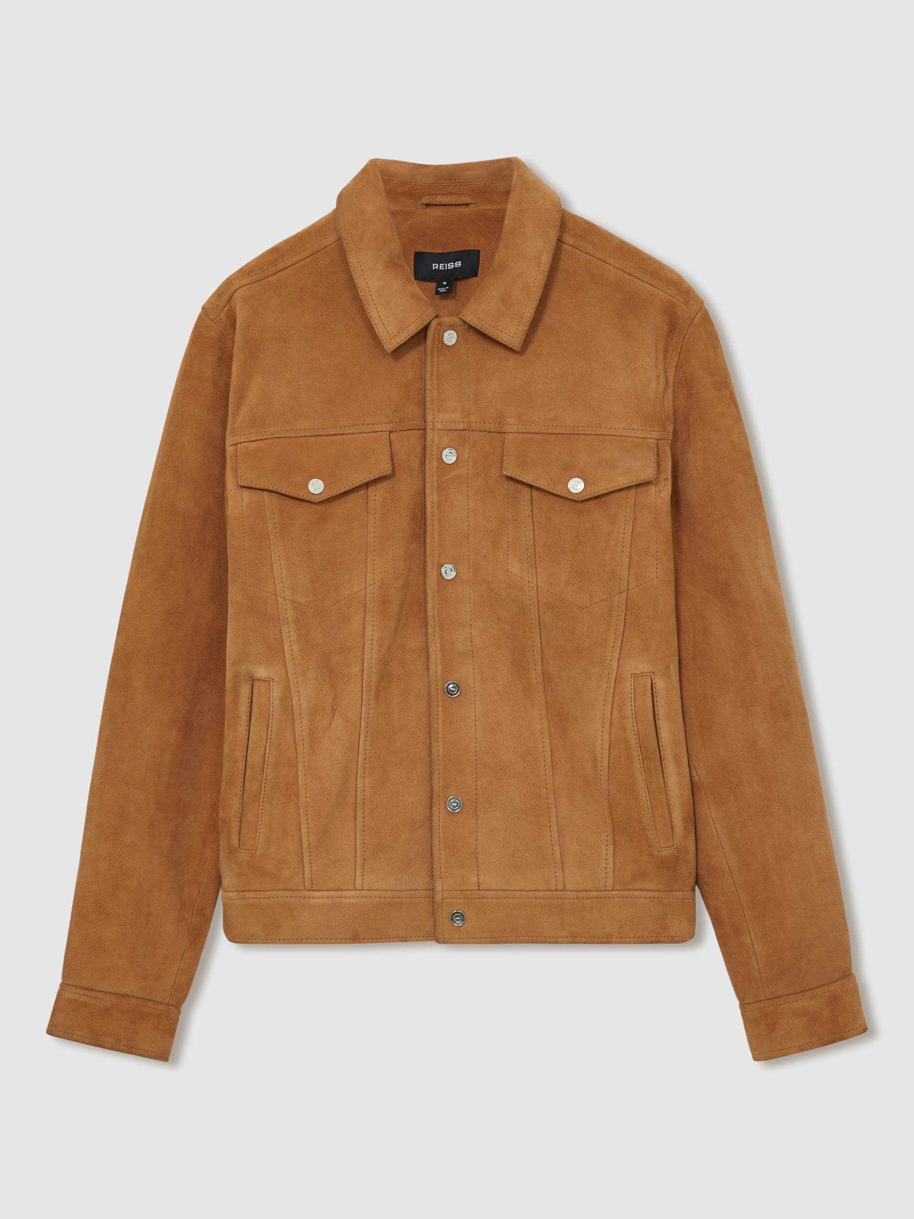 Product image 3 of 5, which shows Reiss Eden Suede Press-Stud Jacket, Tobacco Brown, XL
