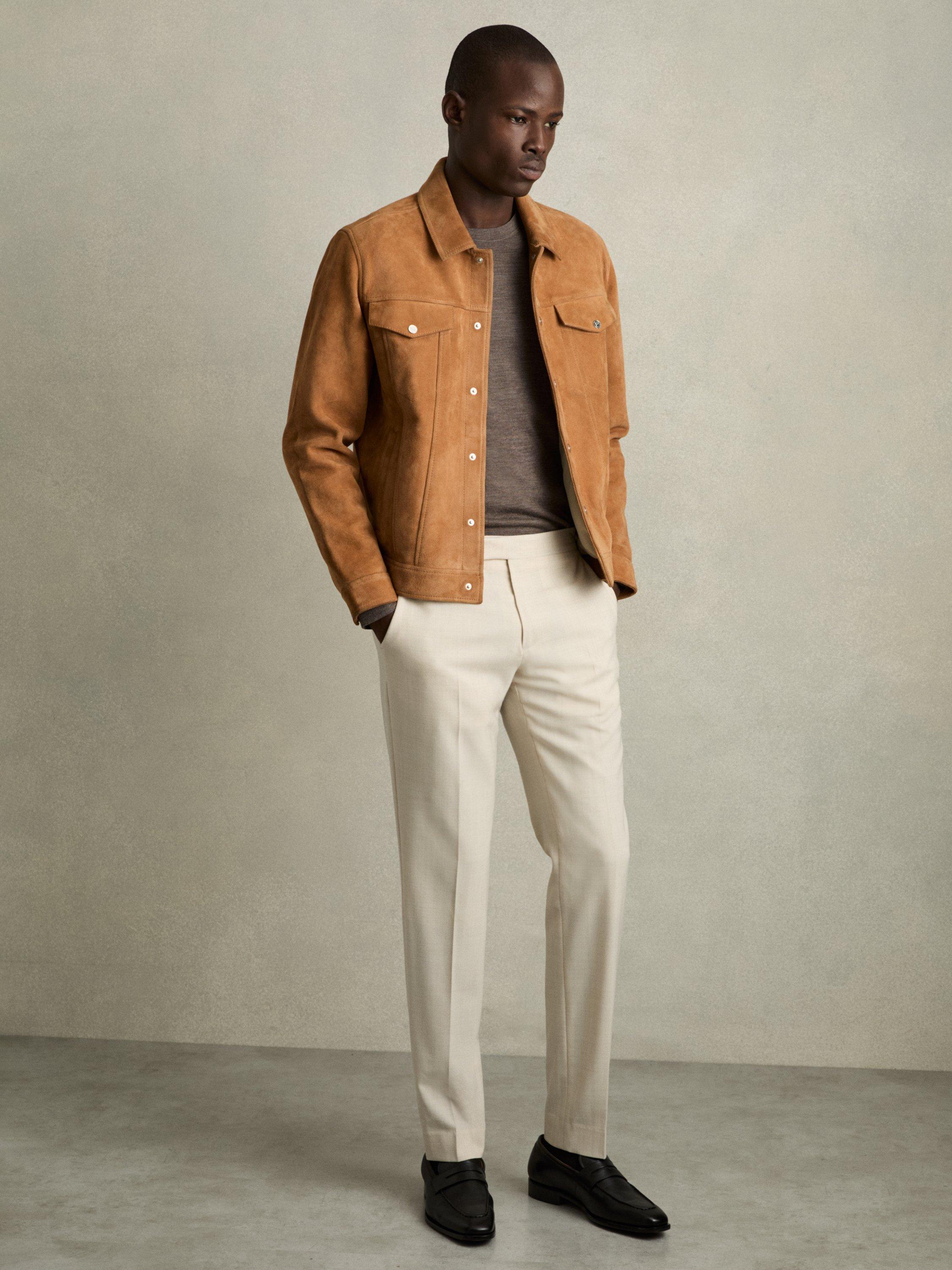 Product image 4 of 5, which shows Reiss Eden Suede Press-Stud Jacket, Tobacco Brown, XL