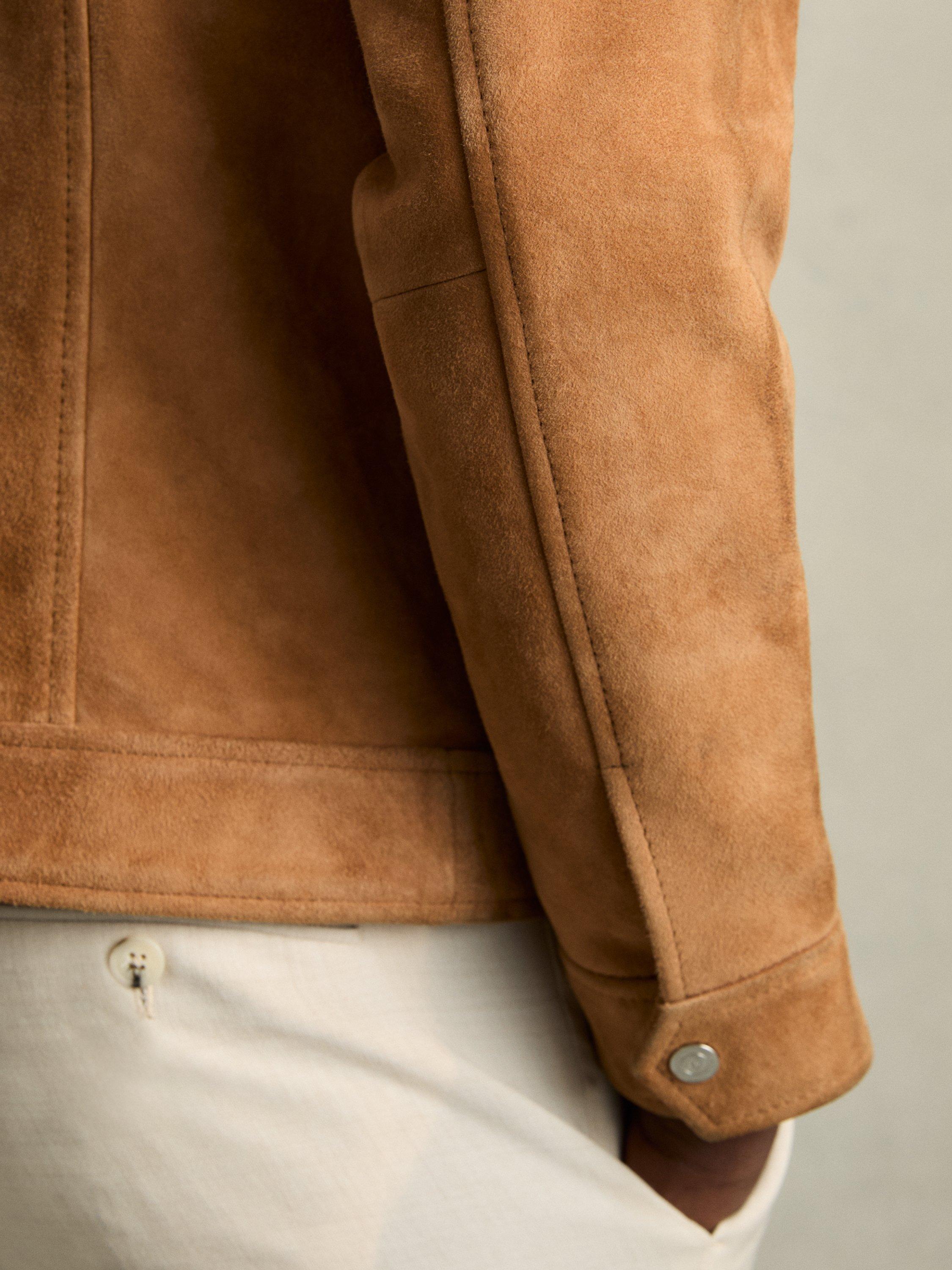 Product image 5 of 5, which shows Reiss Eden Suede Press-Stud Jacket, Tobacco Brown, XL