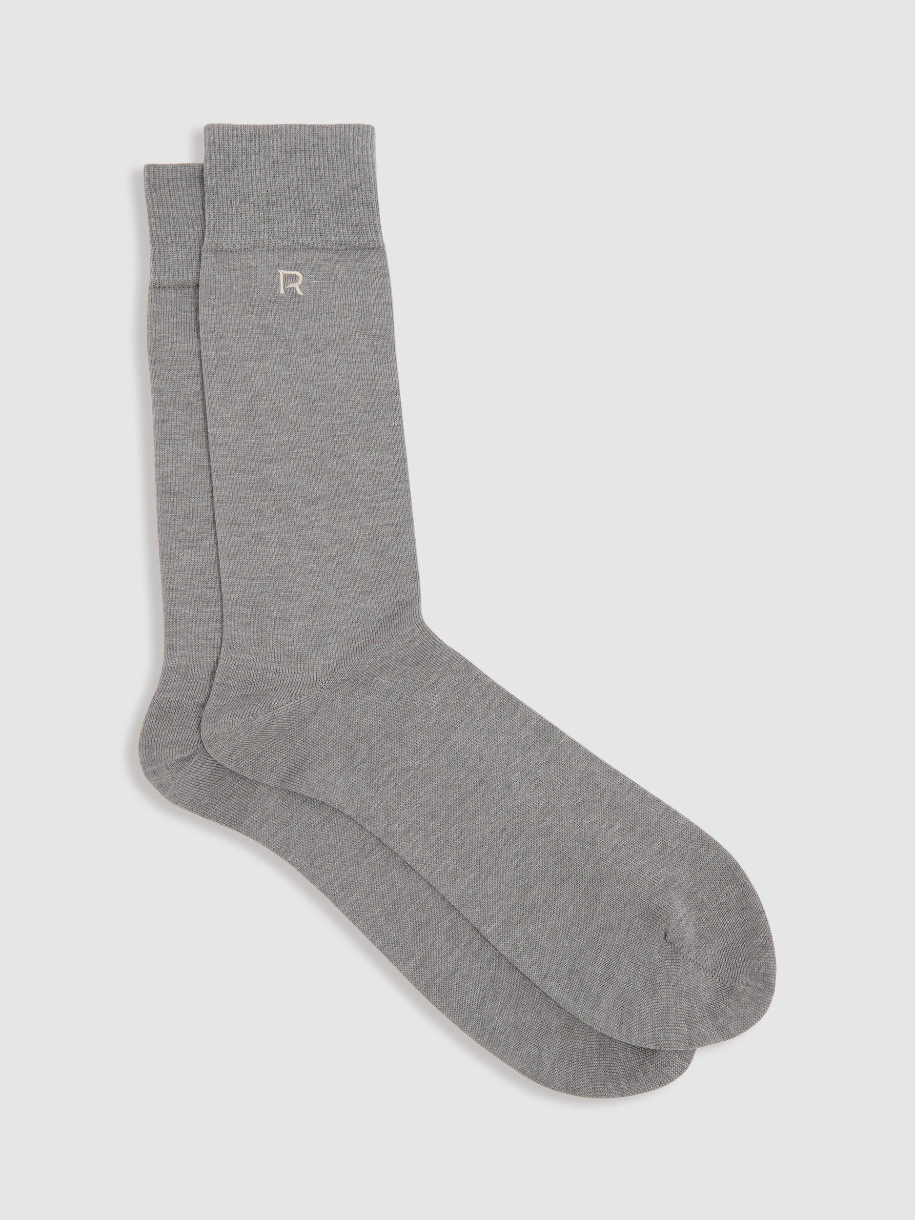 Reiss Penn Cotton-Blend Logo Embroidered Socks, Mid Grey/Oatmeal