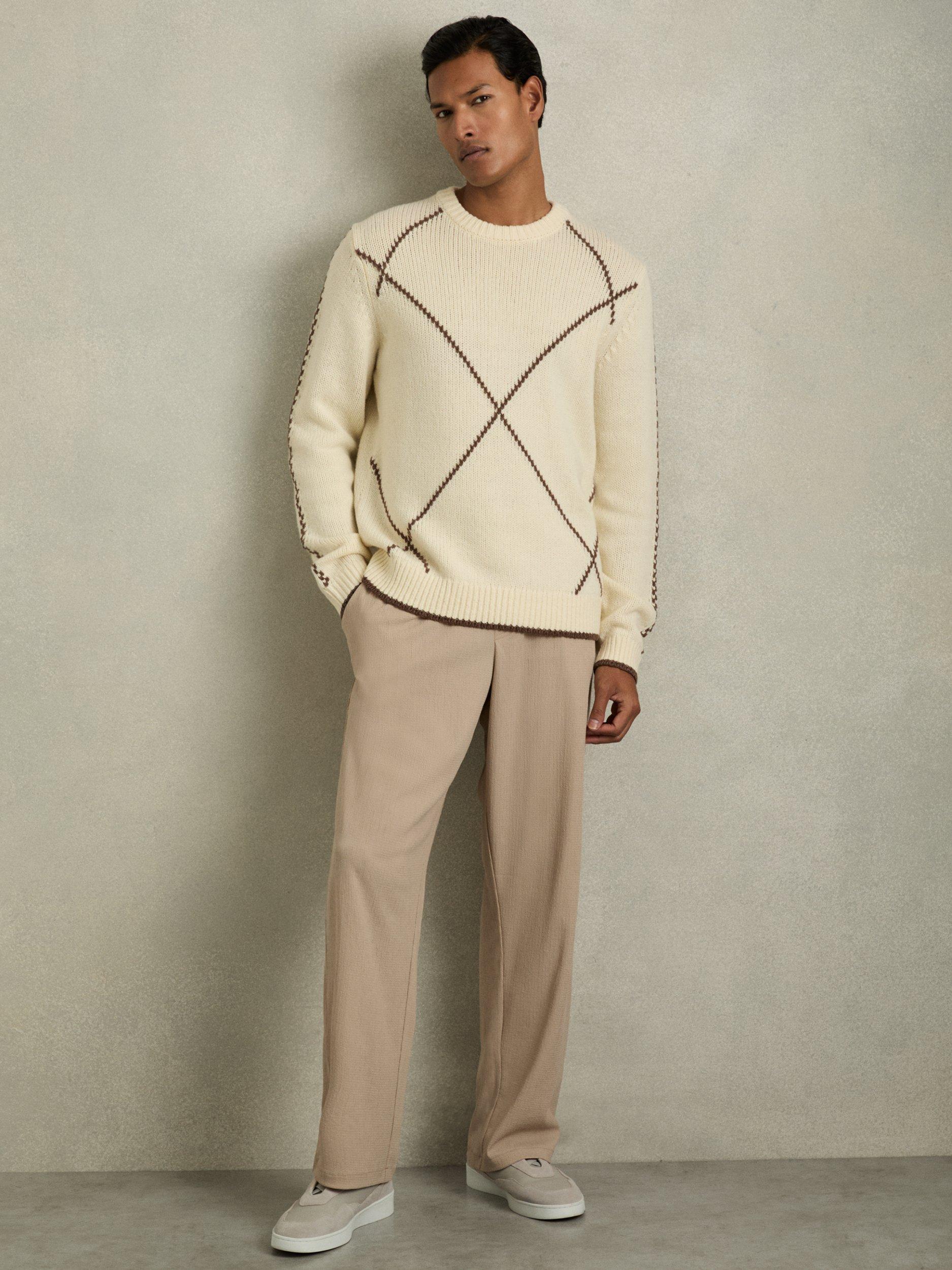 Product image 1 of 5, which shows Reiss Parvey Wool-Blend Embroidered Jumper, White/Brown, XS