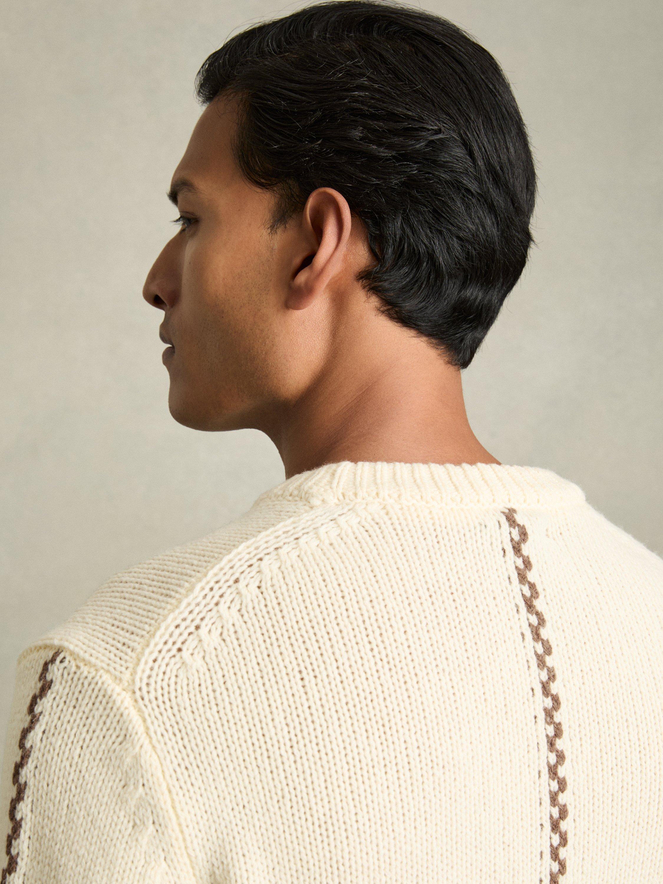 Product image 2 of 5, which shows Reiss Parvey Wool-Blend Embroidered Jumper, White/Brown, XS