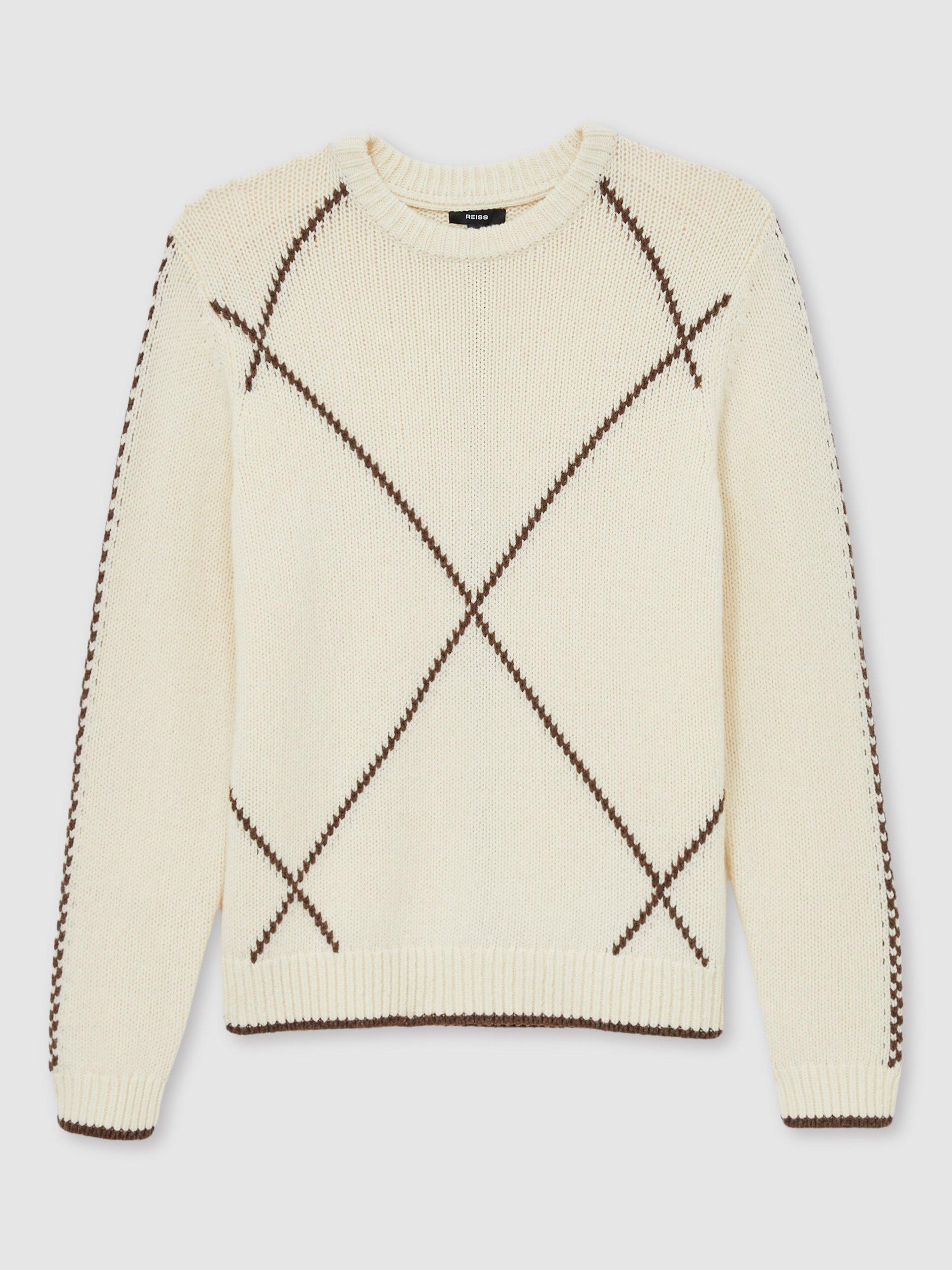 Product image 3 of 5, which shows Reiss Parvey Wool-Blend Embroidered Jumper, White/Brown, XS