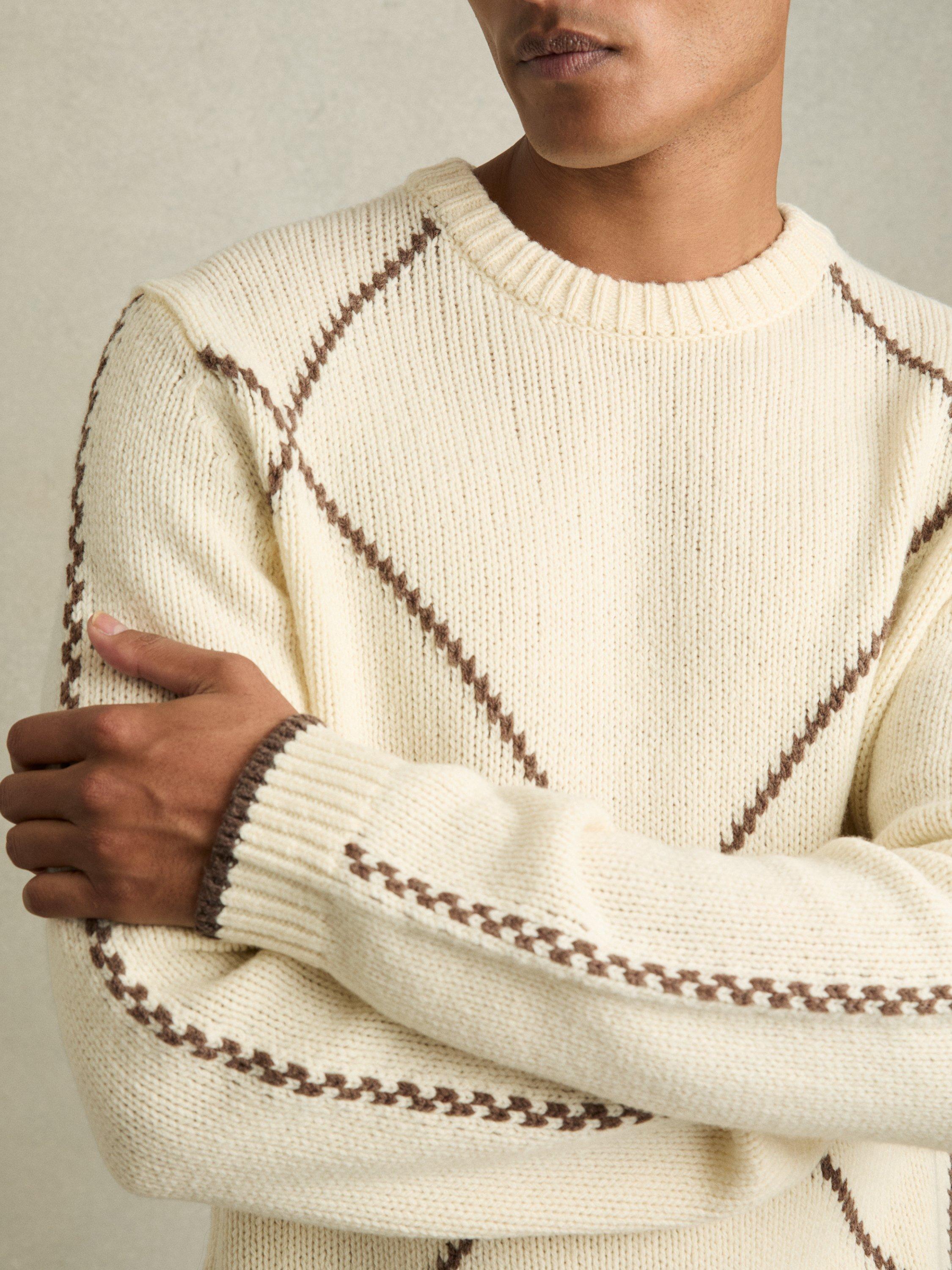 Product image 4 of 5, which shows Reiss Parvey Wool-Blend Embroidered Jumper, White/Brown, XS