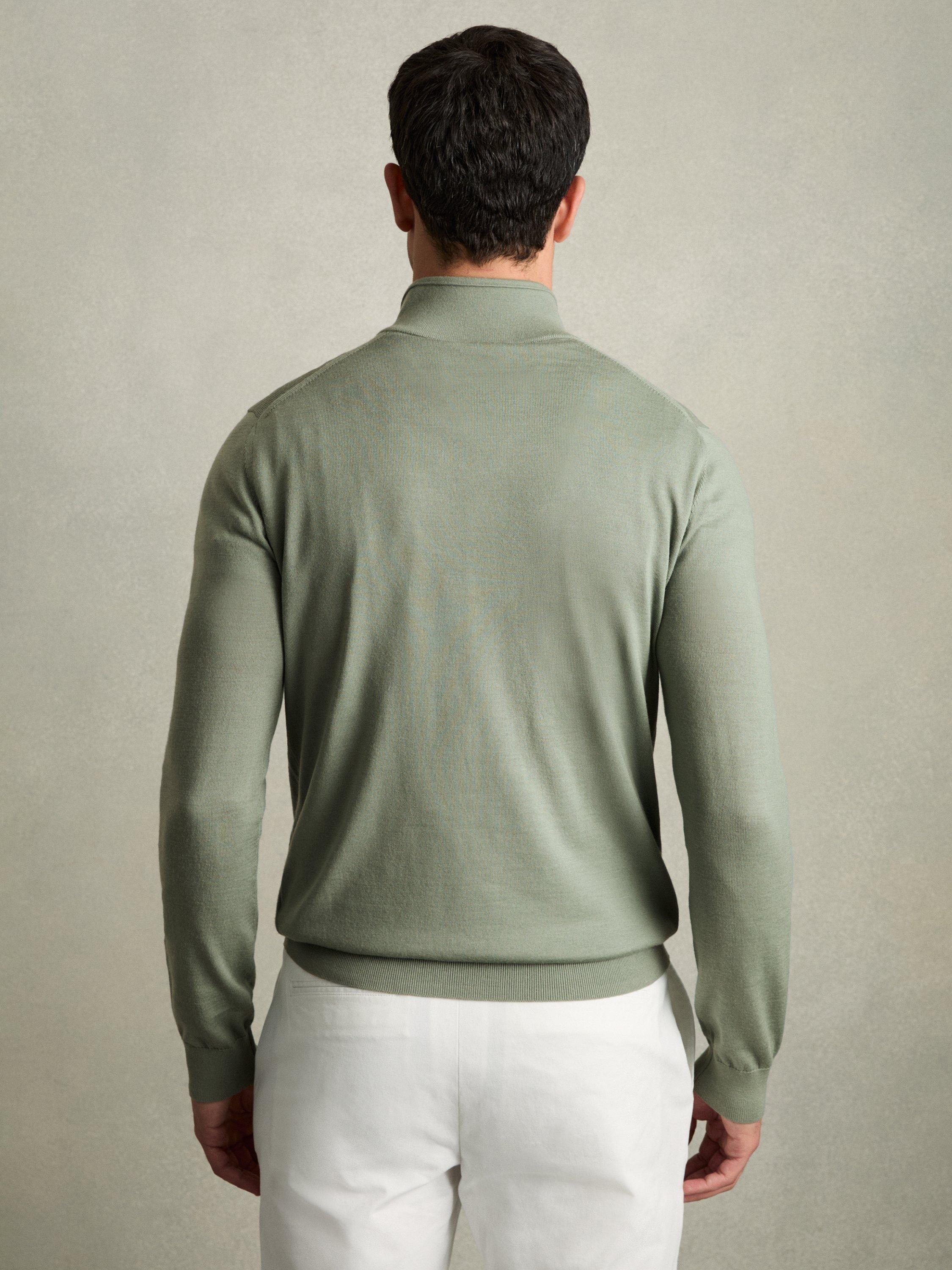Product image 2 of 5, which shows Reiss Blackhall Merino Wool Funnel Neck Half Zip Jumper, Herb Green, S