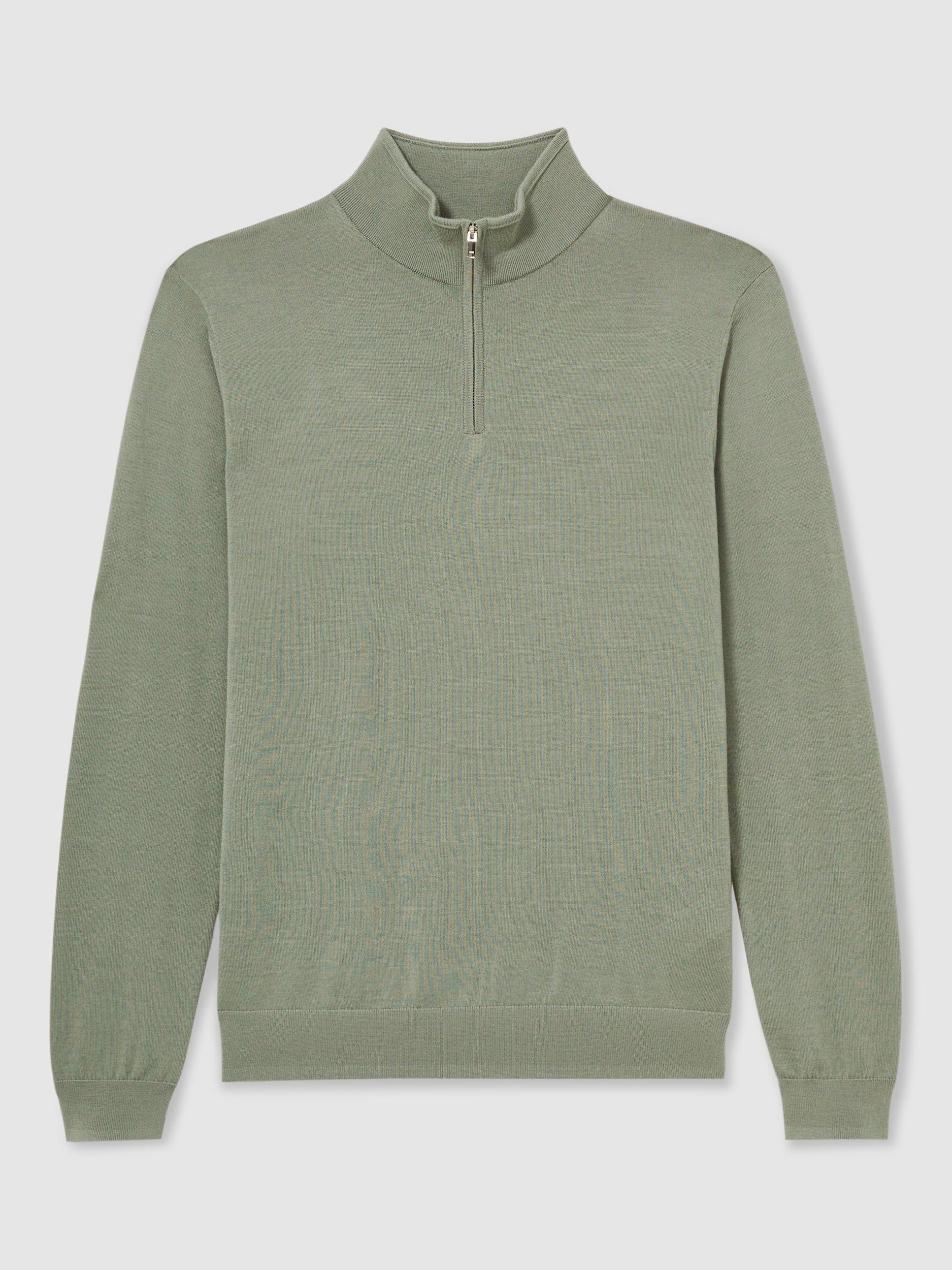 Product image 3 of 5, which shows Reiss Blackhall Merino Wool Funnel Neck Half Zip Jumper, Herb Green, S