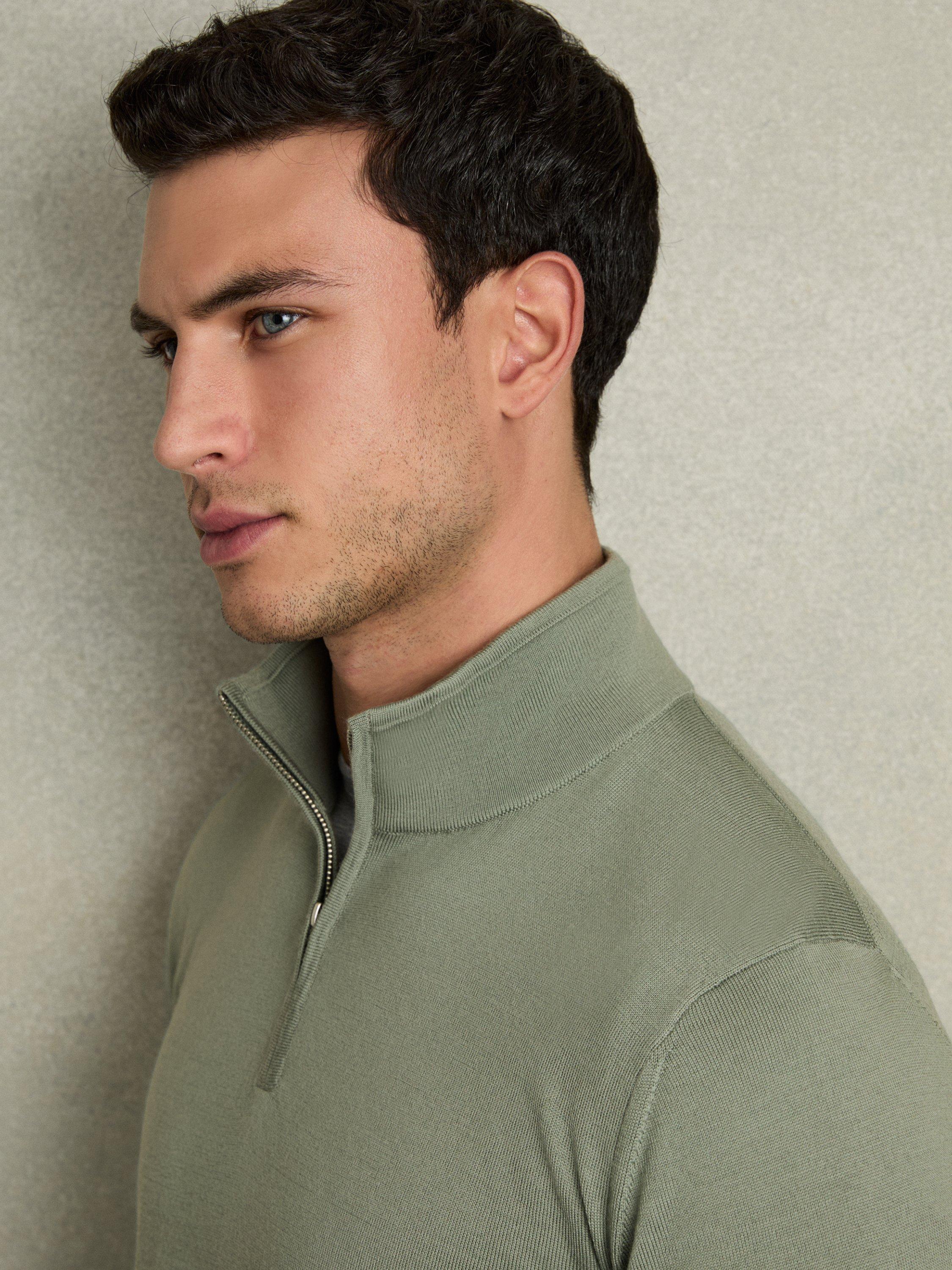Product image 5 of 5, which shows Reiss Blackhall Merino Wool Funnel Neck Half Zip Jumper, Herb Green, S