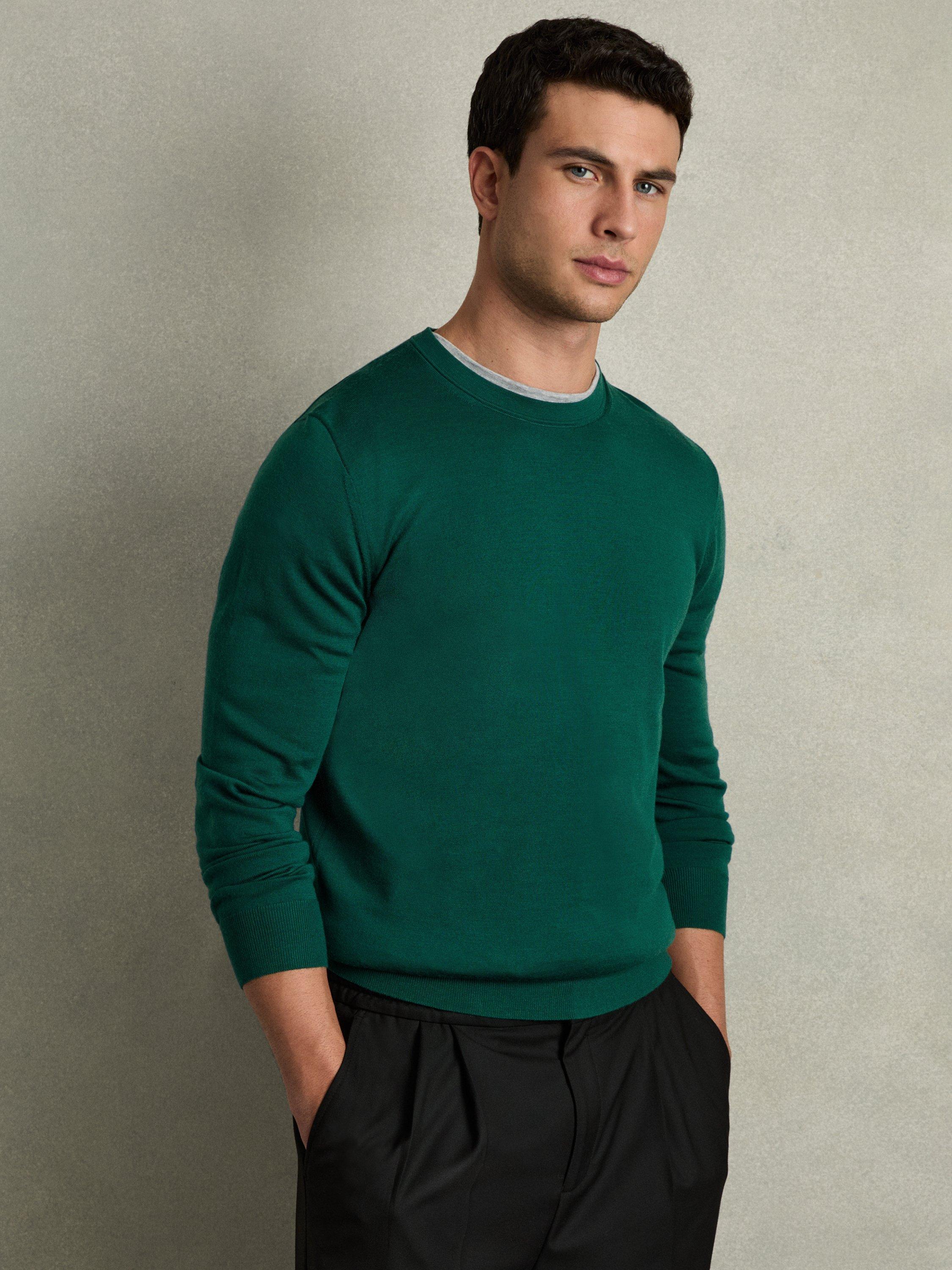 Product image 1 of 5, which shows Reiss Wessex Merino Wool Crew Neck Jumper, Herb Green, M