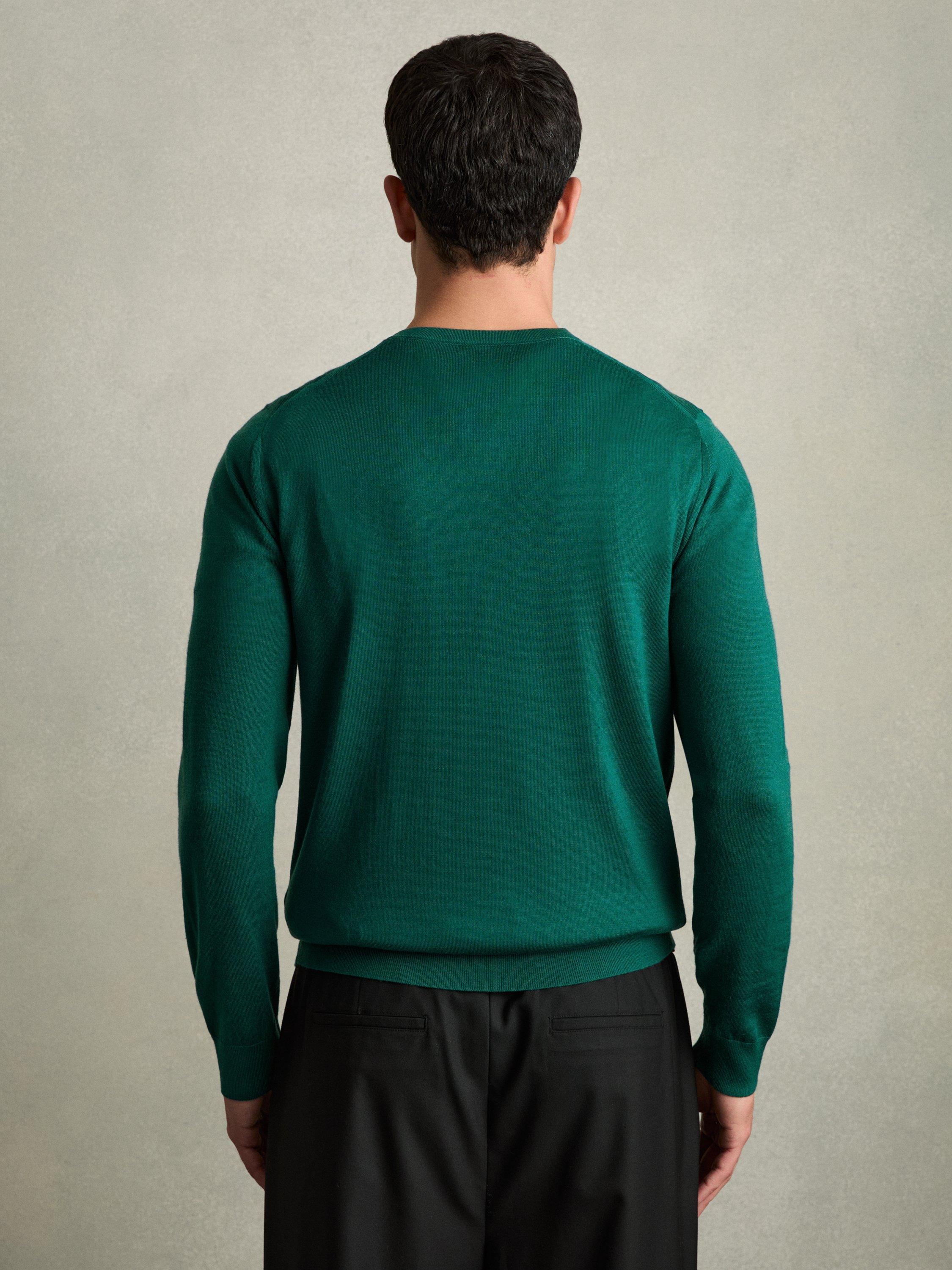 Product image 2 of 5, which shows Reiss Wessex Merino Wool Crew Neck Jumper, Herb Green, M