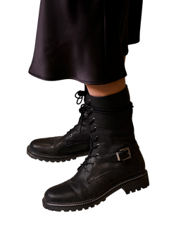 Celtic & Co. Strap Detail Lace Up Knee-High Leather Boots, Black - view 2, Black